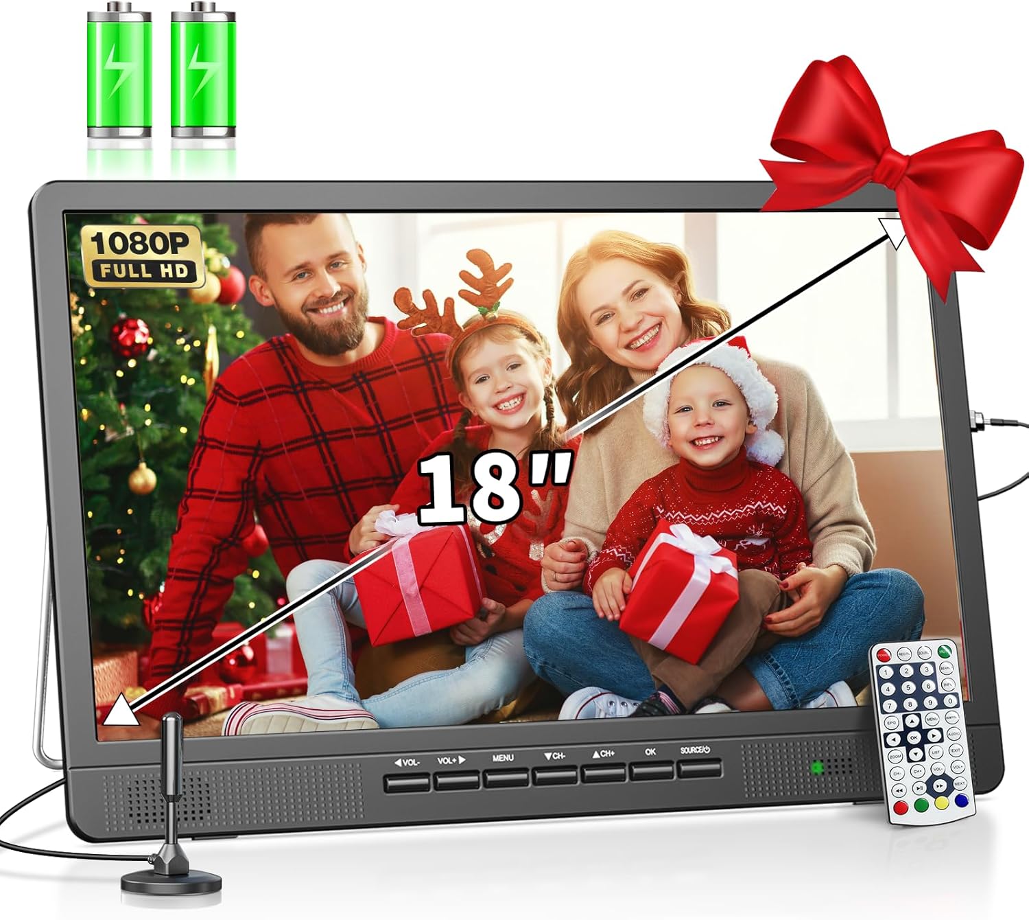 Desobry TV portablel de 18 Pulgadas con Antena, Televisores pequeña con batería Recargable de 6000 mAh, minitelevisor de 12 V con sintonizador Digital DVB/T2, Compatible con entradas USB/HDMI/AV