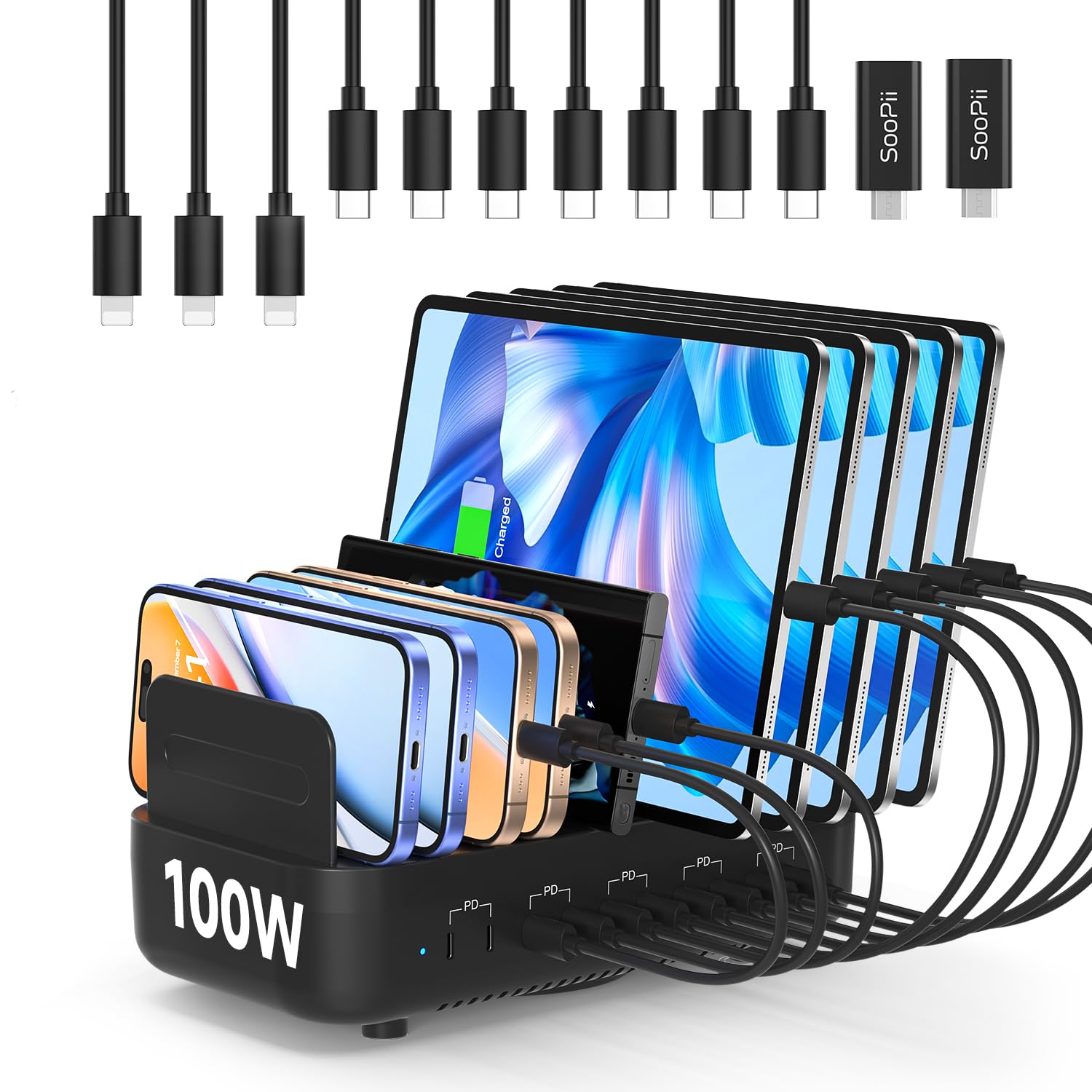 USB C Multi Charging Station,100W 10-Port Type C Fast Charger Station for Multiple Devices with Adjustable Dividers, Charger Organizer Compatible with Phone, Tablet,Kindle and more(Black)