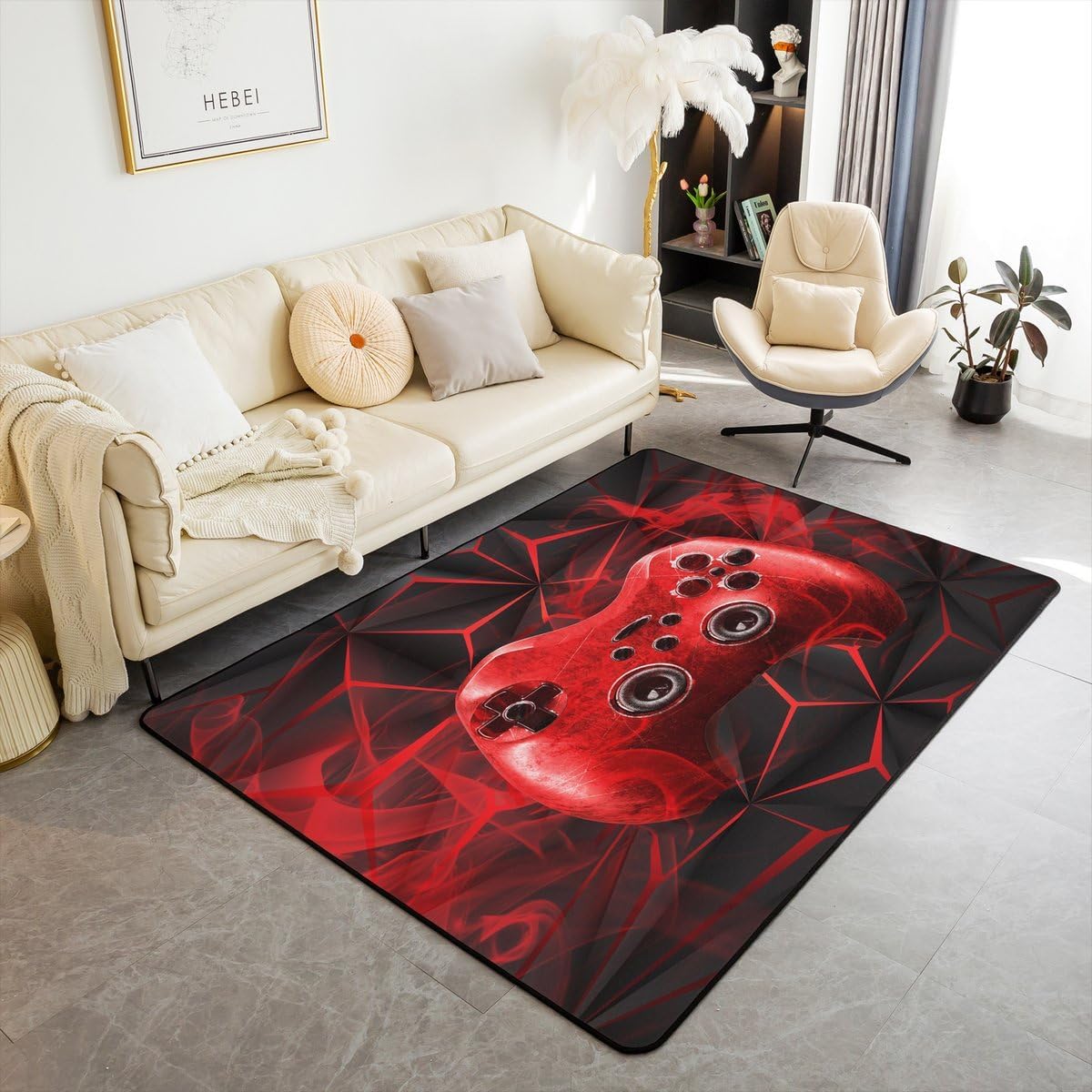 Gaming Area Rug 4x5 Mat Gamer Video Game Non-Slip Accent Rug Red Black Gamepad Game Cobtroller Rugs for Living Room Bedroom Ultra Soft Machine Washable Game Action Buttons Area Carpet