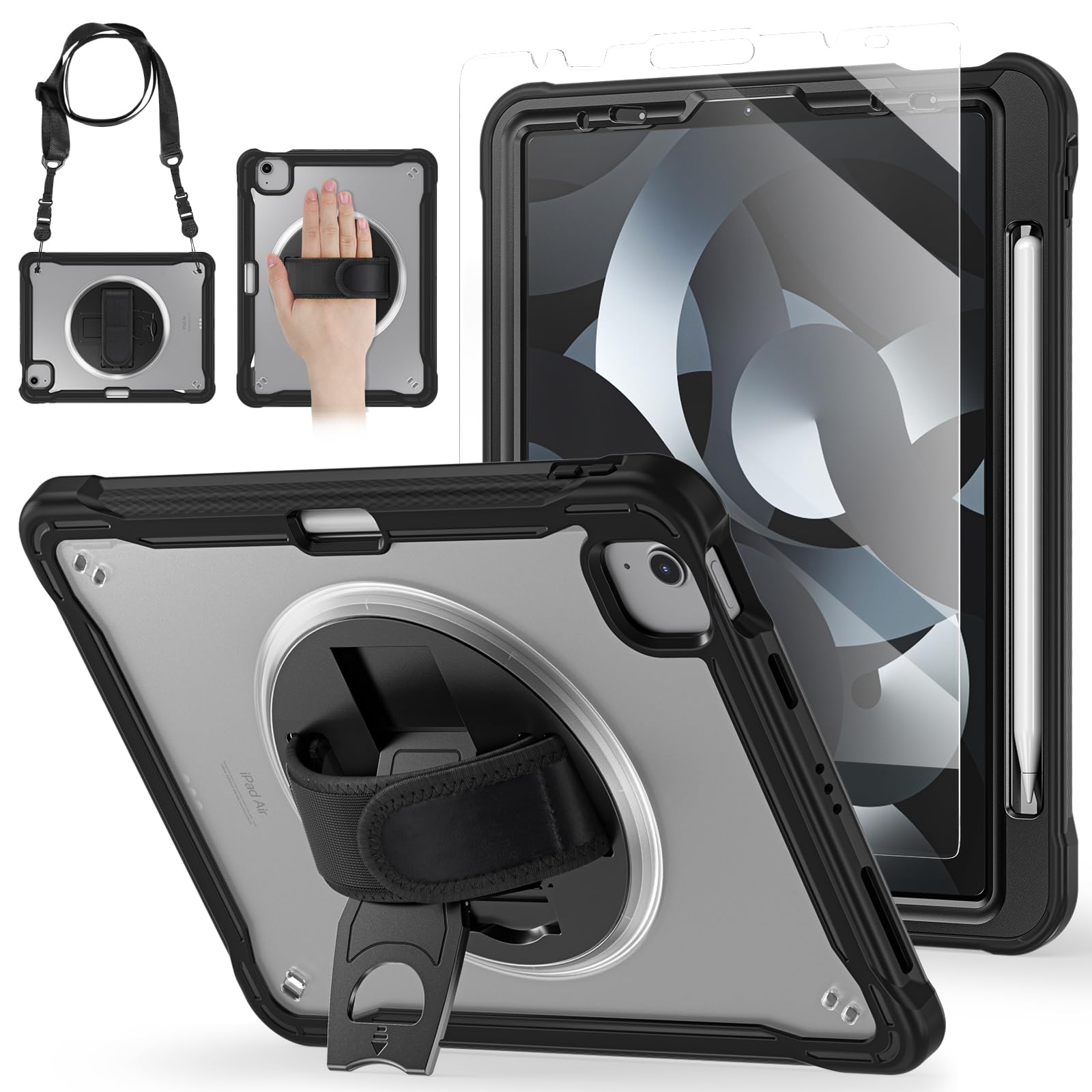 BRAECNstock iPad Air 5th/4th Gen Case 10.9 2022/2020&Pro 11 2022/2021/2020/2018,Shockproof Protective Case with Pen Holder,Screen Protector,360°Rotate Stand+Hand Strap for Kids iPad 10.9/11 Inch-Black