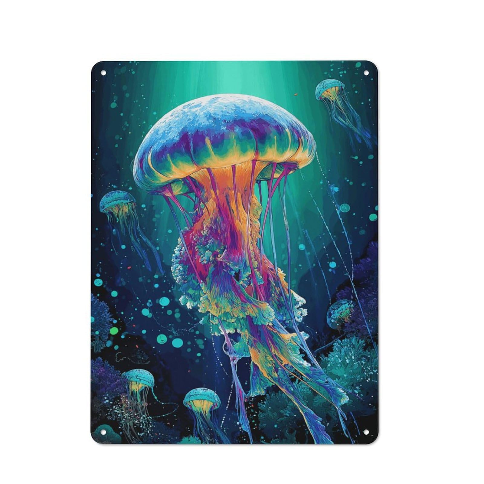 Junmoney Colorful Jellyfish Underwater Scene-2 Simple Retro Metal Wall Plaque 40X30cm, Creative Space Decor For Office, Study, Studio Or Hallway