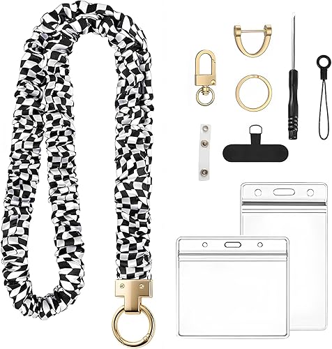 Jonfolk Stretchy Scrunchie Lanyard for Teachers with ID Holders – Soft Elastic Badge Lanyard Set with Phone Strap & Key Ring, Comfortable All-Day Wear (Grid Style)