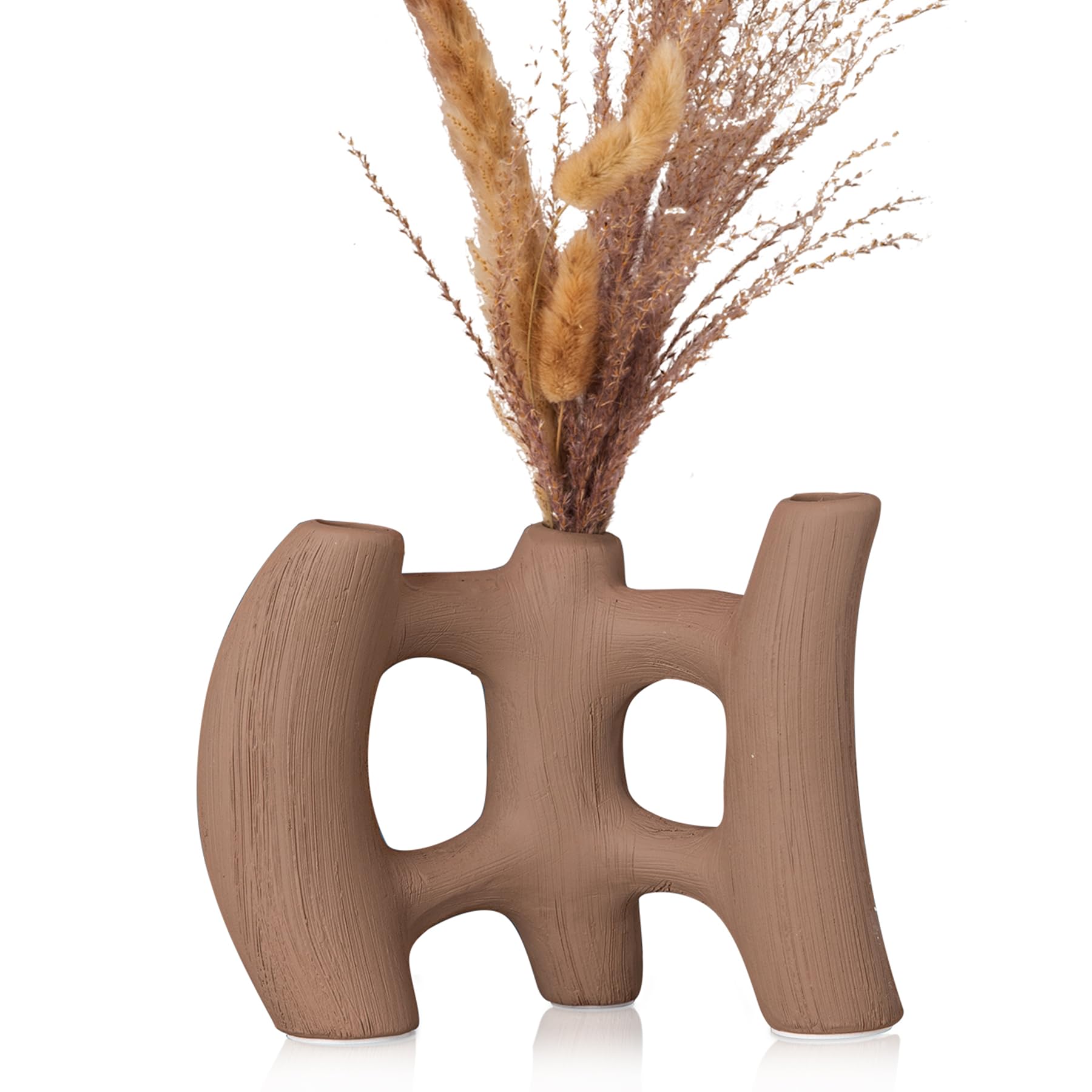 Ceramic Brown Vase for Flowers, Handmade Vase Wabi Sabi Decor, Vintage Vase for Pampas Grass, Rustic Terracotta Vases for Bookshelf, Office, Entryway, Console