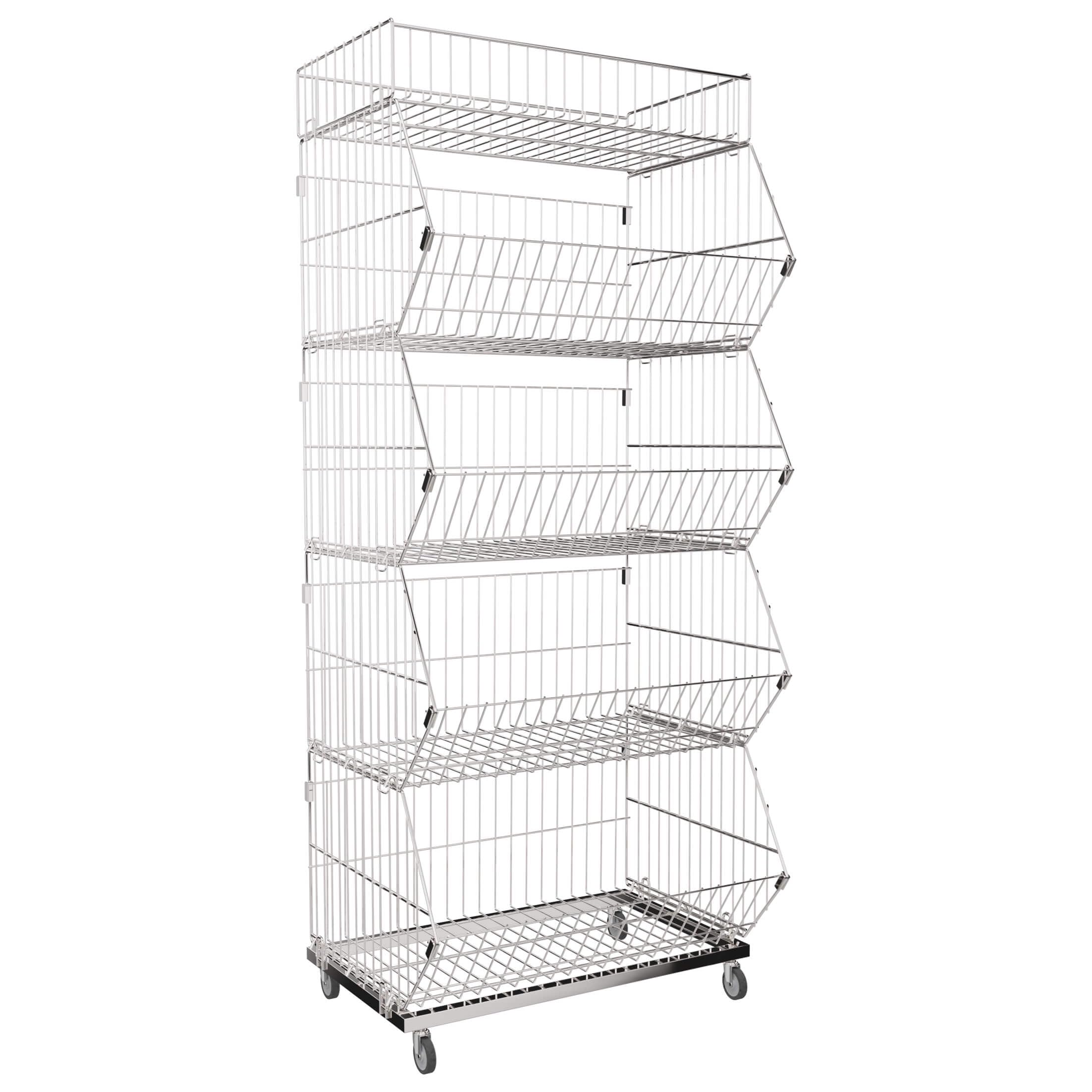 Rollregal verchromt mit 5 Gitterkörben B62 x T44,5 x H145 cm, Stapel Korbwagen, Wühlkörbe für Aktionsware, rollbares Obst- und Gemüseregal