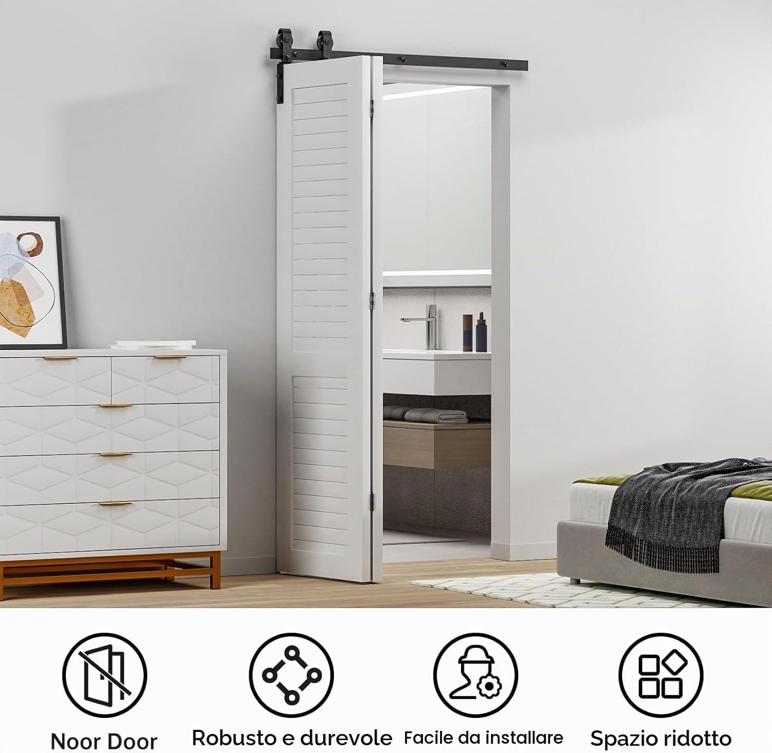 92cm/3FT Binario per Porta Scorrevole Bifold Kit Porta Scorrevole Nera per 2 Porte Scorrevoli Interno Esterno Muro 43cm Larga