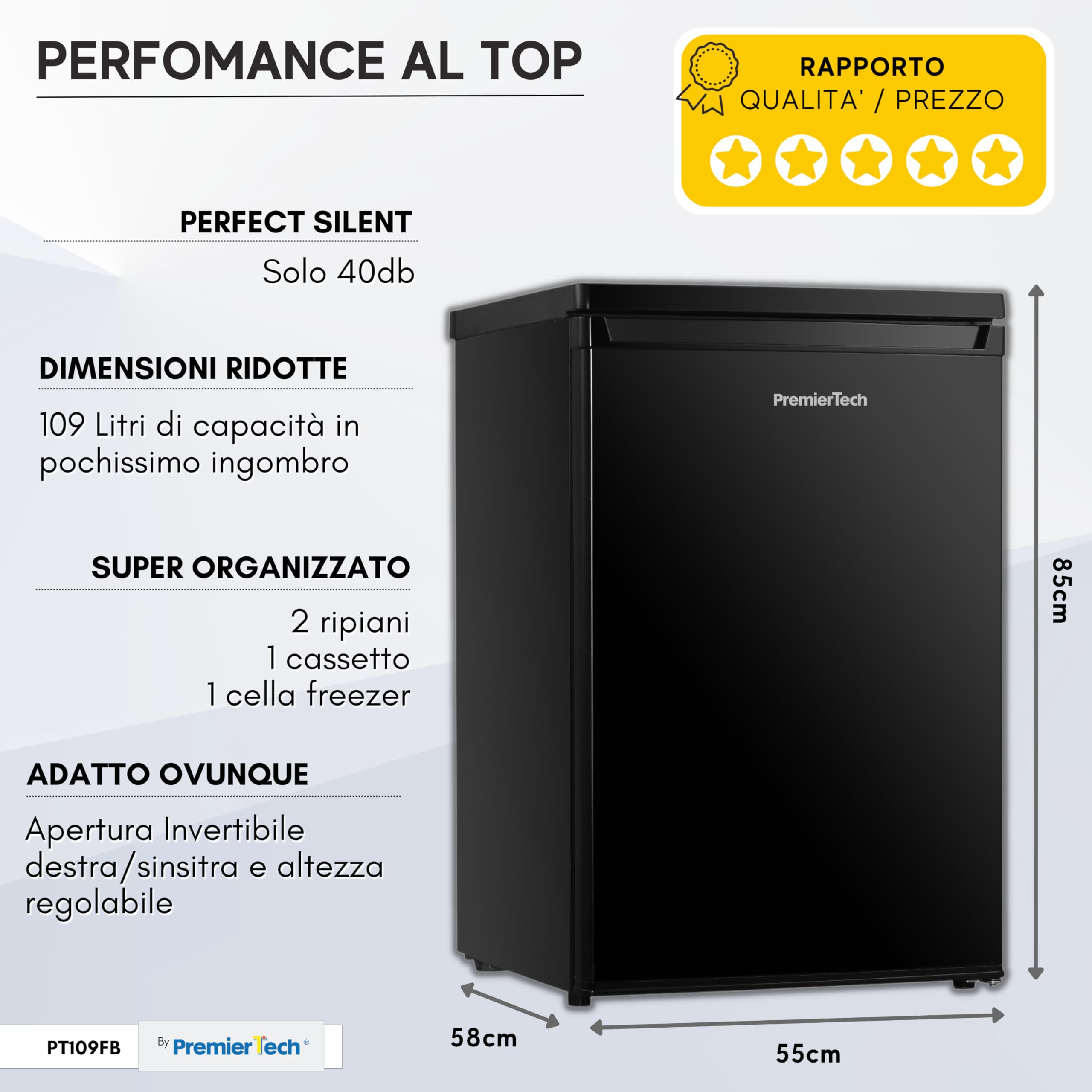PremierTech, Frigorifero con congelatore 109 Litri, Frigo, Hotel, Ufficio Casa, Porta Reversibile, Sotto Tavolo, Classe Energetica E, Temperatura Regolabile, Libera Installazione, Nero, PT109FB