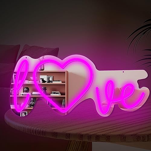 KYBCEKU Letrero de neón de amor, regalo del día de San Valentín, espejo de maquillaje iluminado, letrero de neón de anime para decoración de pared,