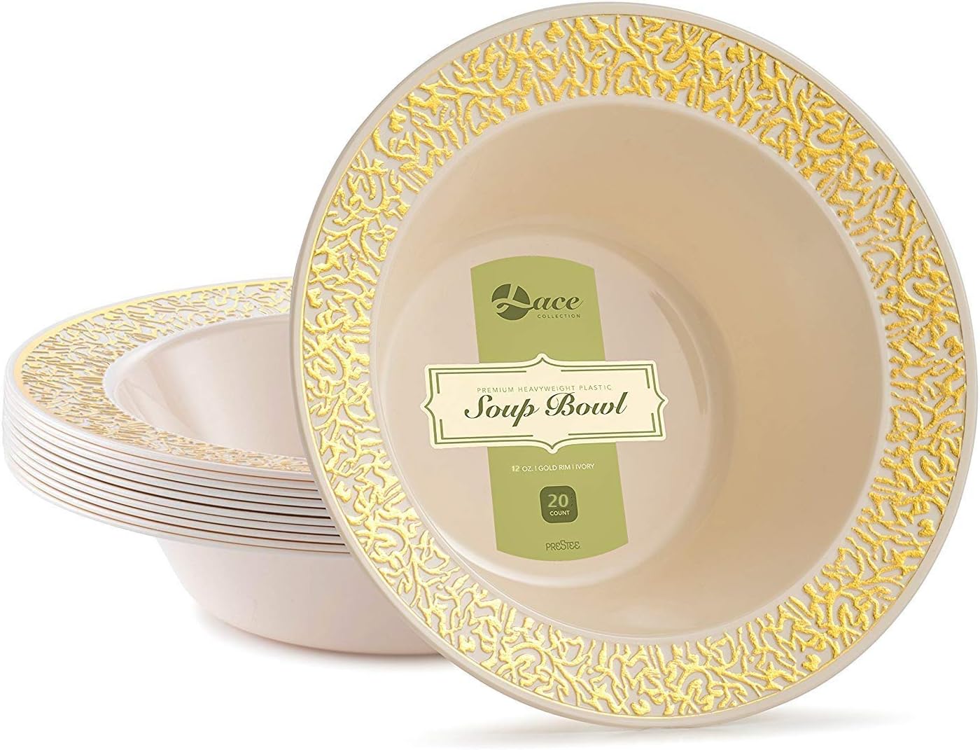 Prestee Lace Plastic Party Disposable Bowls | 12 Ounce Hard Round Wedding Soup Bowls | Ivory with Gold Rim, 20 Pack | Elegant and Fancy Heavy Duty Party Supplies Plates for all Holidays and Occasions