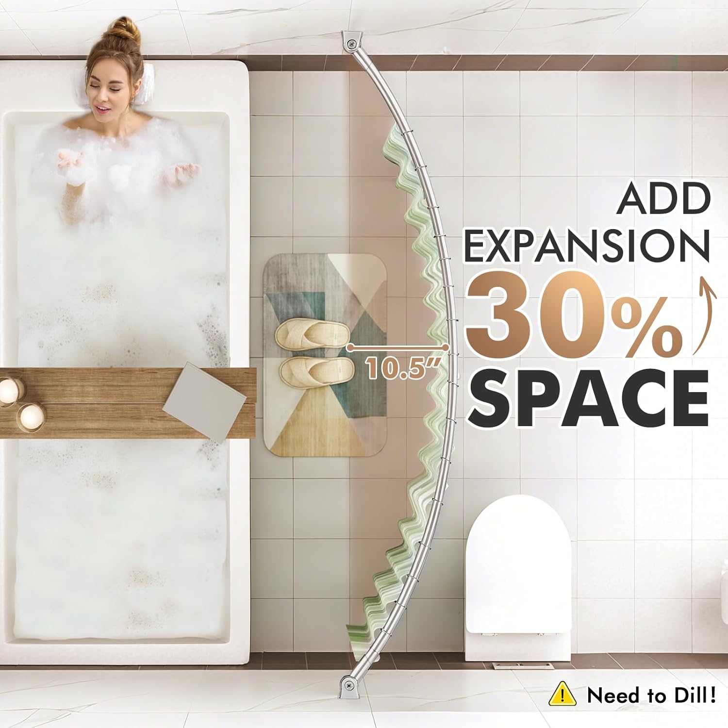 Curved Shower Curtain Rod for Bathroom, 40-72 Inches Adjustable Curved Shower Rod, 0.9MM Rustproof Shower Curtain Rod with Rotating Brackets for Extra Shower Space, Need To Drill, Brush Nickel