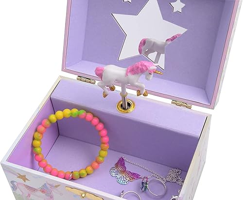 Jewelkeeper - Joyero musical para niñas con unicornio giratorio, caja de música con diseño de arcoíris y estrellas con purpurina para collares,