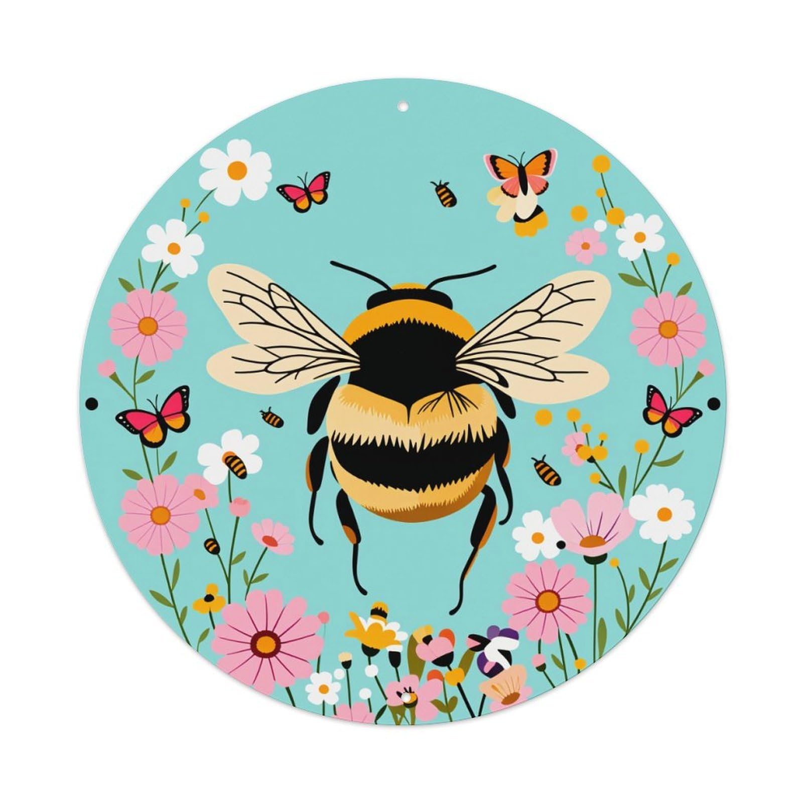 Bee Flowers Butterflies Garden Spring Round Tin Sign Vintage Style Metal Sign Home Bar Garden Wall Plaque Decor Metal Poster 8x8 Inch