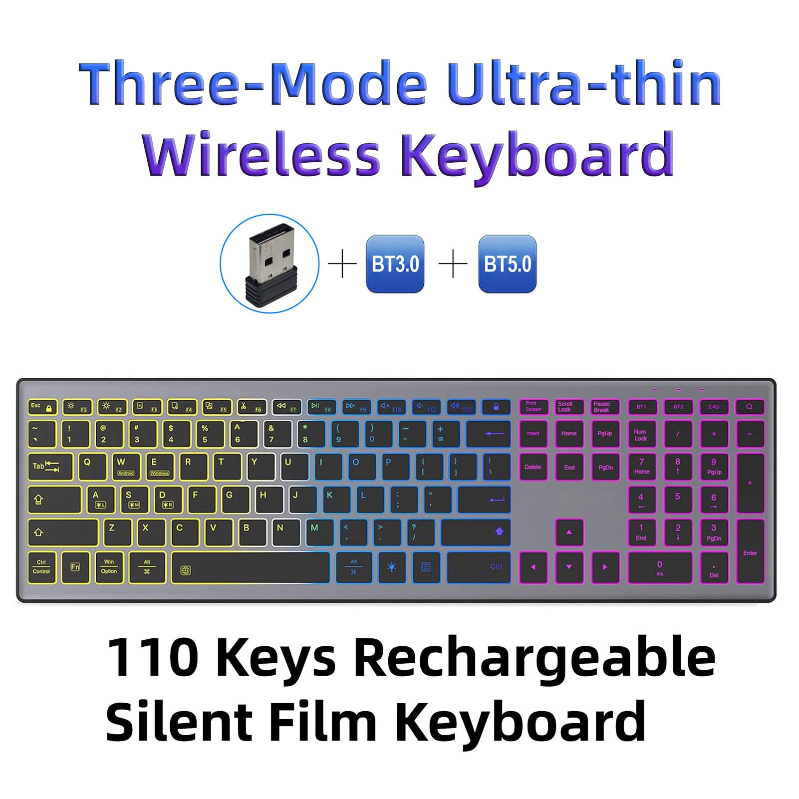 Jectse Tastiera Wireless a 110 Tasti, Retroilluminata RGB, Ricaricabile, con Interruttori a Forbice Silenziosi a Basso Profilo, per IOS, e macOS.