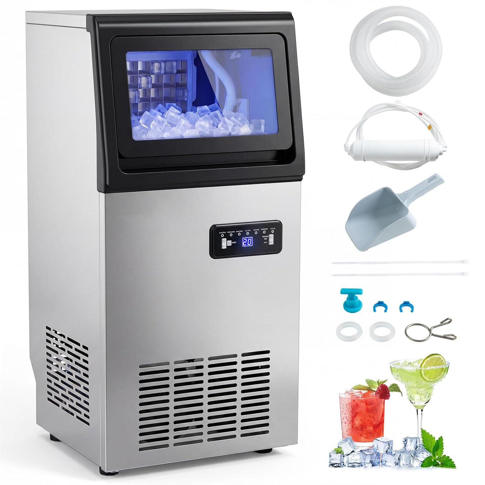 Máquina Hacer Hielo para Bar Acero Inoxidable,Conexión a Agua Corriente 60kg | ,Autolimpiante Ice Maker Machine Con Filtro Incluido Y Pala Para Hielo Para Restaurante Y Cafetería