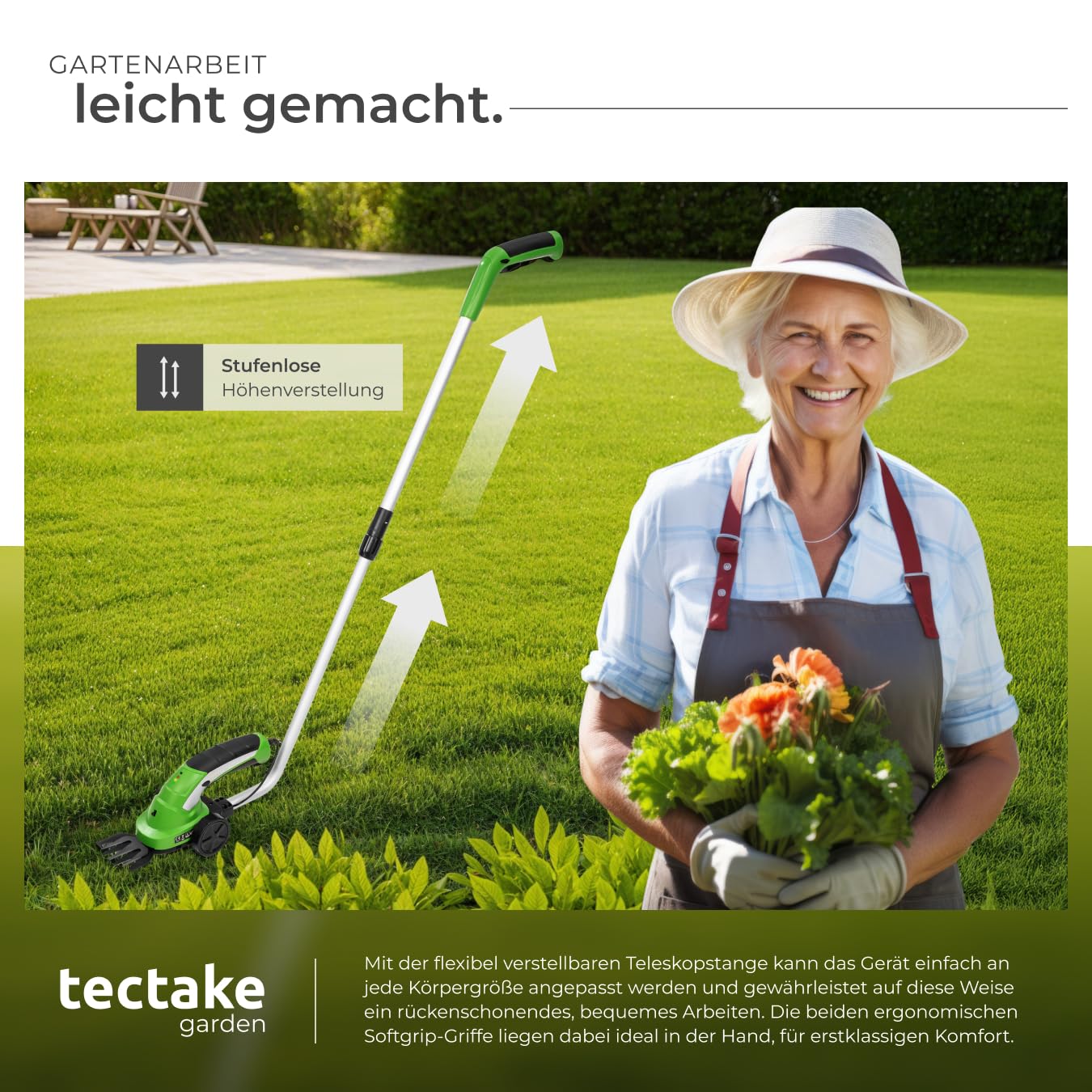 tectake® Akku Heckenschere elektrisch, Strauchschere 7.2V, Grasschere mit 2 Aufsätzen, Rasentrimmer mit Teleskop Stange, Rasenkantenschneider, elektrische Gartenschere mit Messer Aufsatz, Trimmer