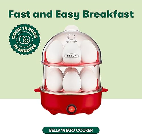 Miniatura 2 de BELLA - Cocedor eléctrico rápido para huevos, bandeja doble para 14 huevos, apagado automático, pela con facilidad, tortilla, huevo escalfado, Rojo