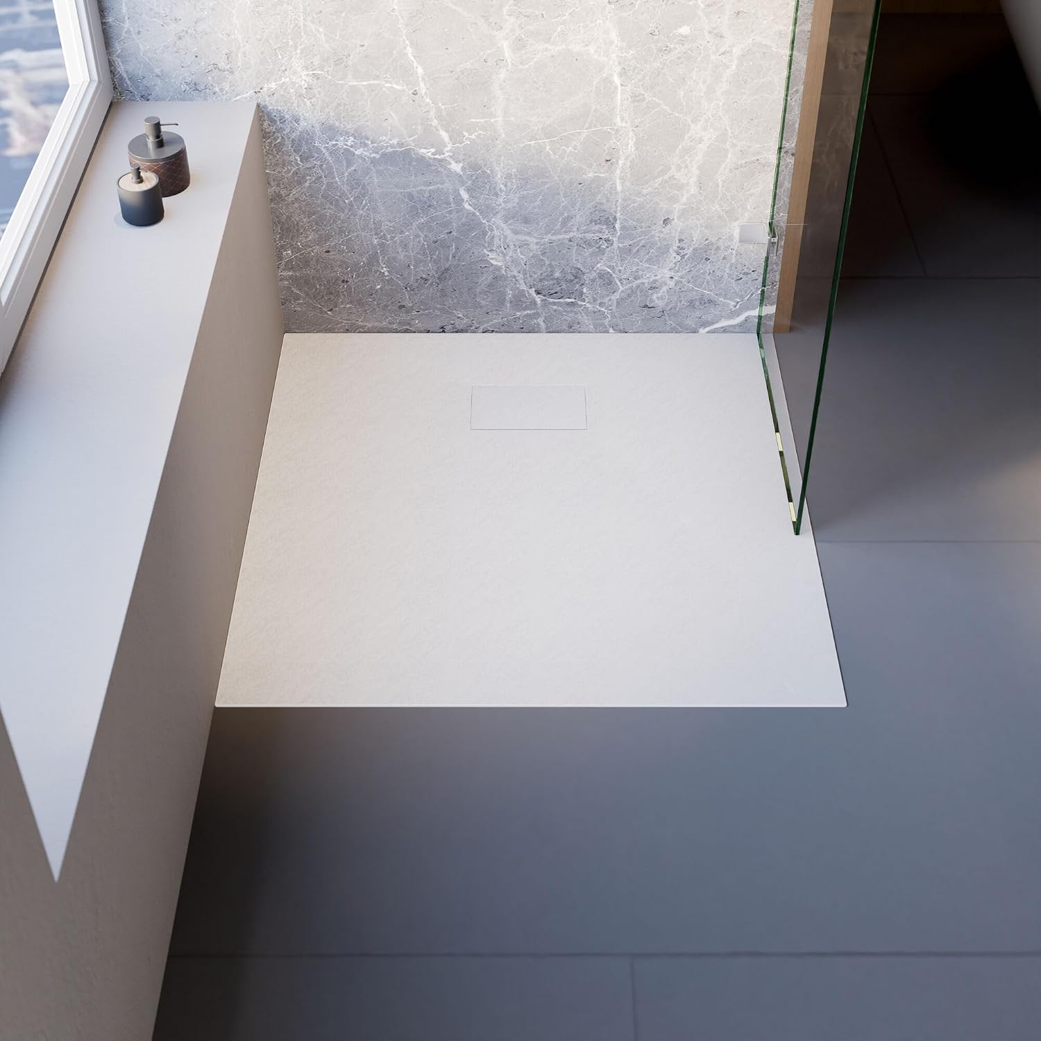Top-down view of the Schulte DWM-Tec Midra Shower Tray in a bathroom