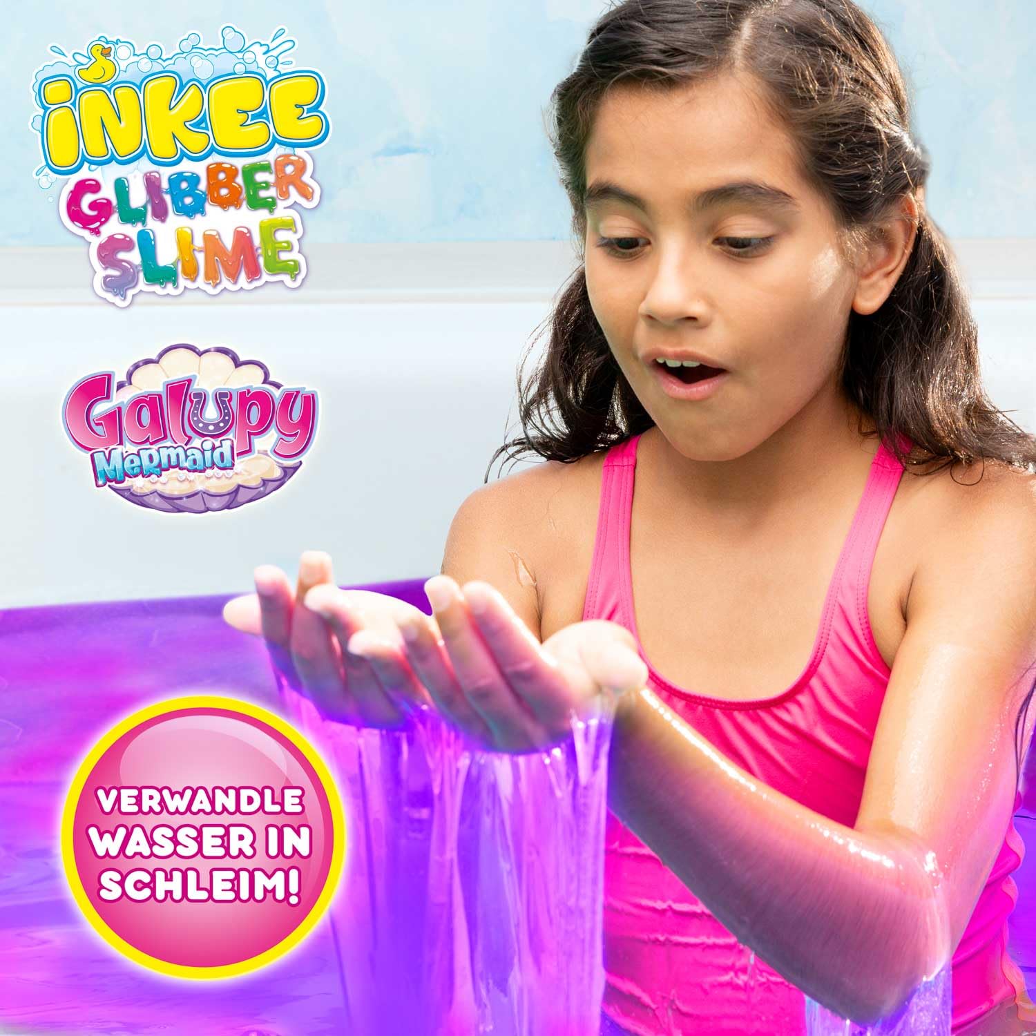 INKEE Slime Galupy Syrenka do wanny w kolorze liliowym z zapachem na waty cukrowej, zamienia wodę w szlam, zmienia kolor, na 25 litrów wody