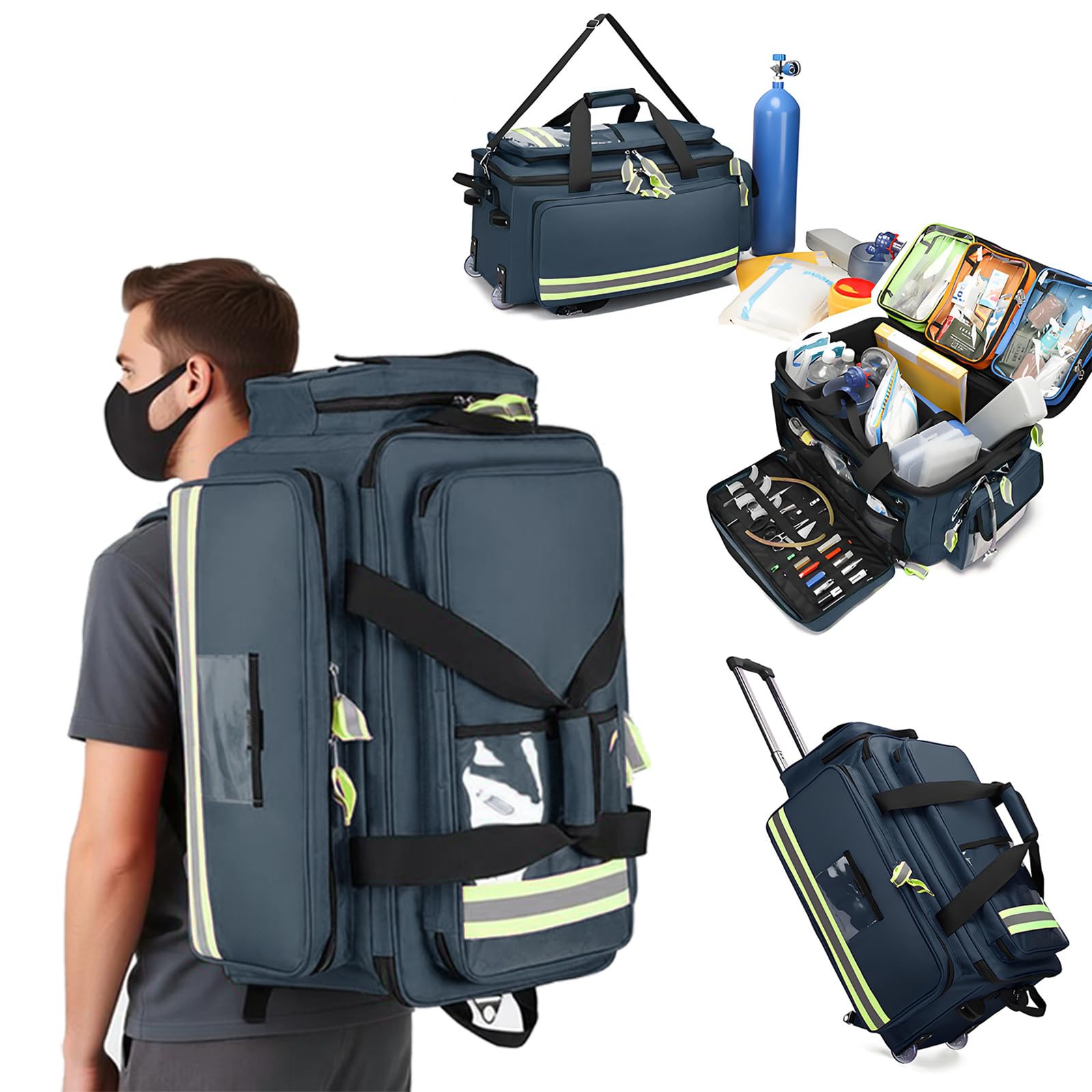 ROGHA First Aid Bag,Medical Bag,Medical Rolling Bag,First Aid Backpack,Multiple Pockets and Reflective Design,for EMS,Police,Firefighters,Home Health Nurses,Doctors Blue