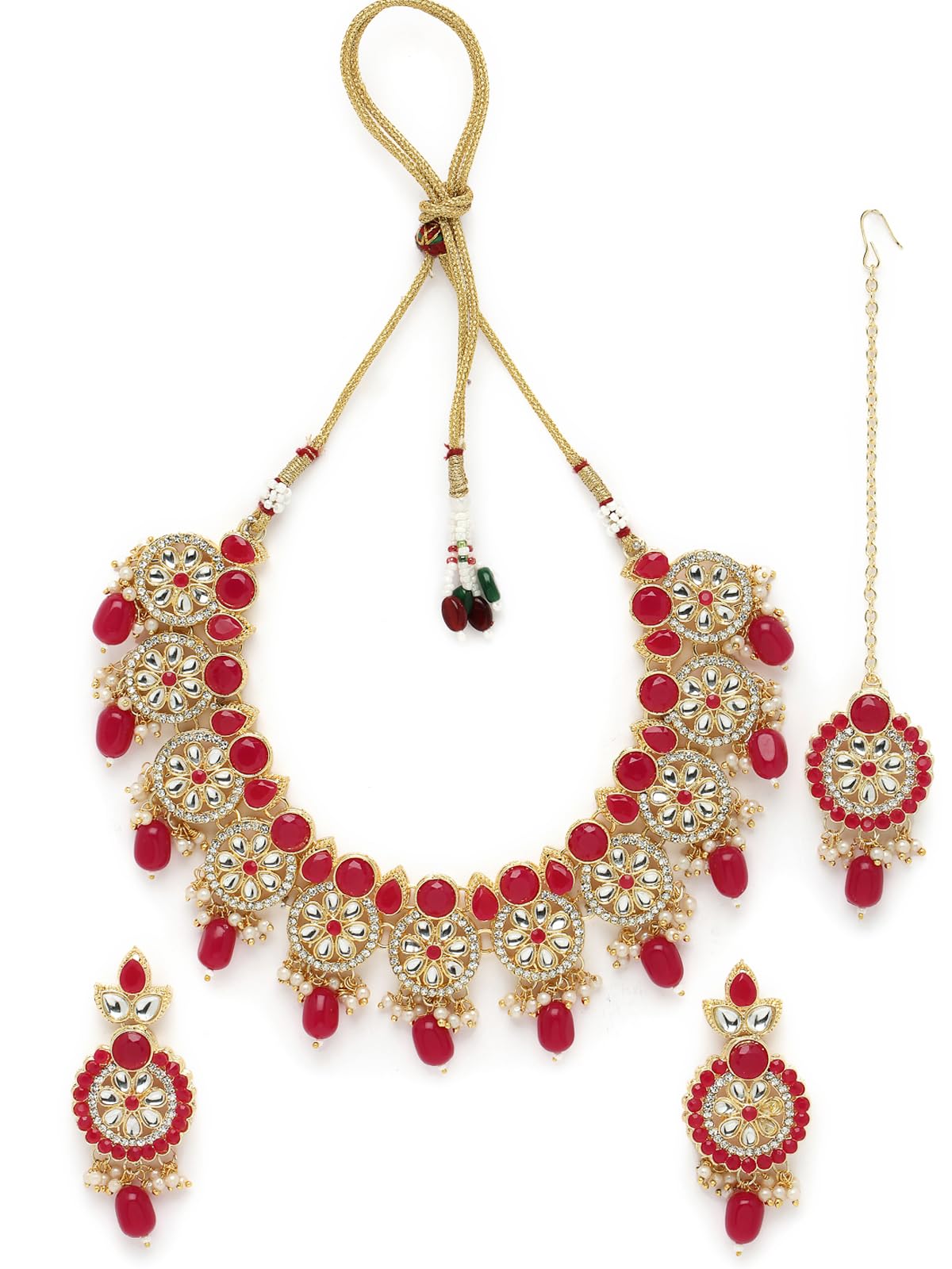 Sukkhi Indian Traditional Gold Plated AD Rani Pink Collar Bone Necklace Set With Earring And Maangtika | Jewellery Set For Women (NS105702) (B0CBB9ZY41) Amazon Price History, Amazon Price Tracker