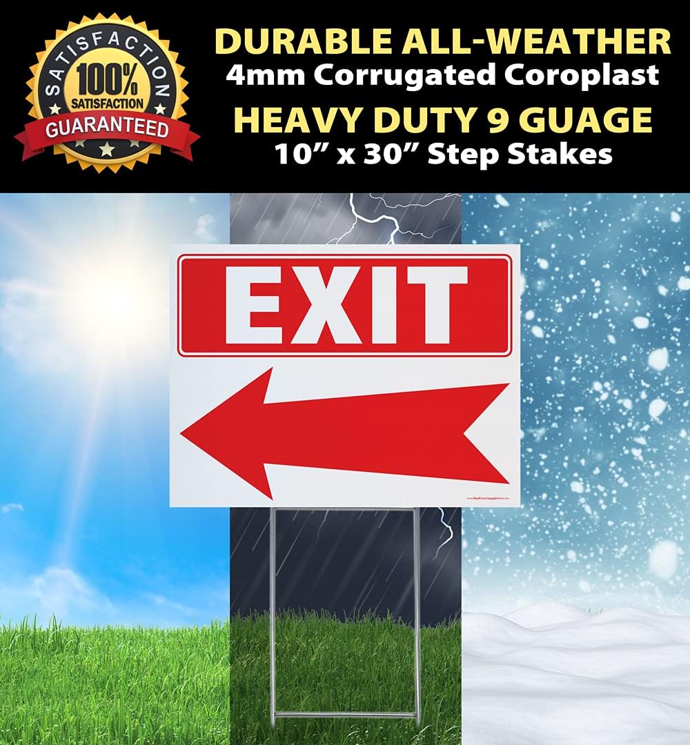 Exit Arrow Yard Sign Complete Kit Includes 5 Signs & 5 Sturdy Sign Stakes - Durable Outdoor Double Sided 18x24 Arrow Signs with Extra Tall 10x30 Stakes (5 Pack, Exit)