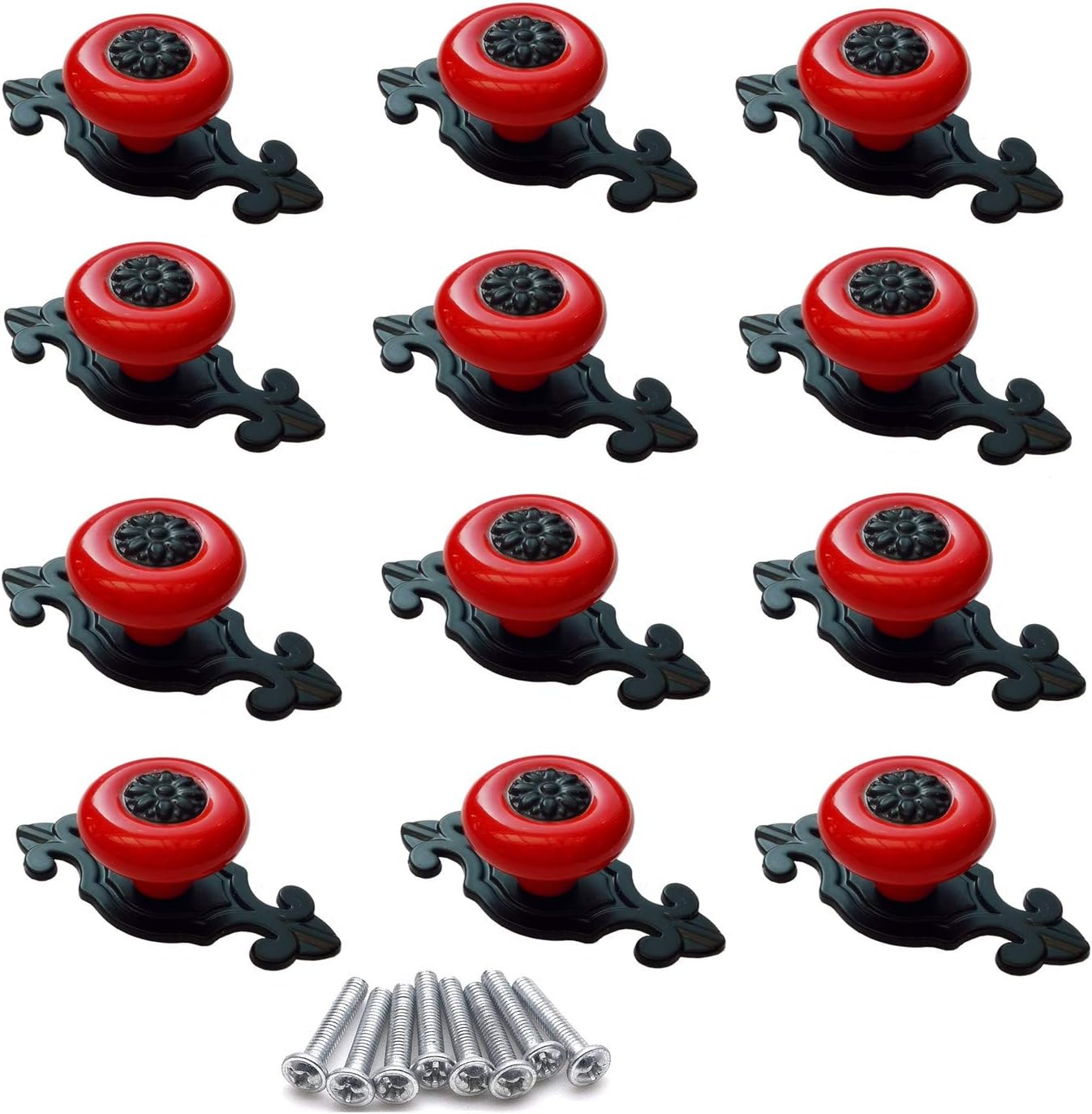 YMAISS 12Pcs Vintage Ceramic Cabinet Knobs Handles Pulls for Kitchen Cabinets Cupboard Bathroom Dresser Wardrobe Closet Decoration Pulls (Red +Black)