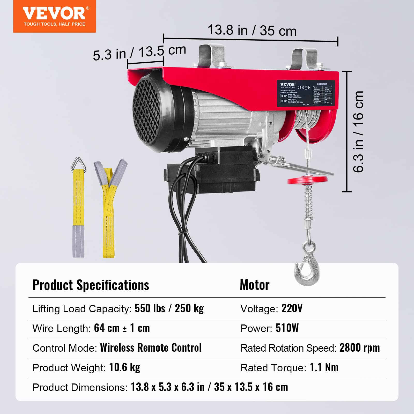 VEVOR 230V Elektrische Seilwinde 125kg-250kg 12m Hubhöhe 510W Motor 10m/min Hebezug mit kabelloser Fernbedienung