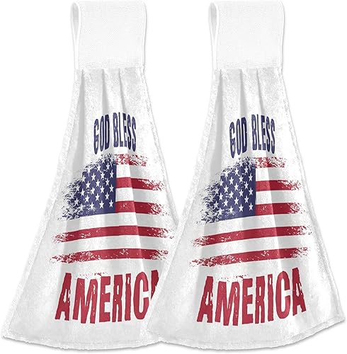 OTVEE Juego de 2 toallas de cocina, toalla de mano colgante con bandera de Dios Bless America para decoración de cocina y baño