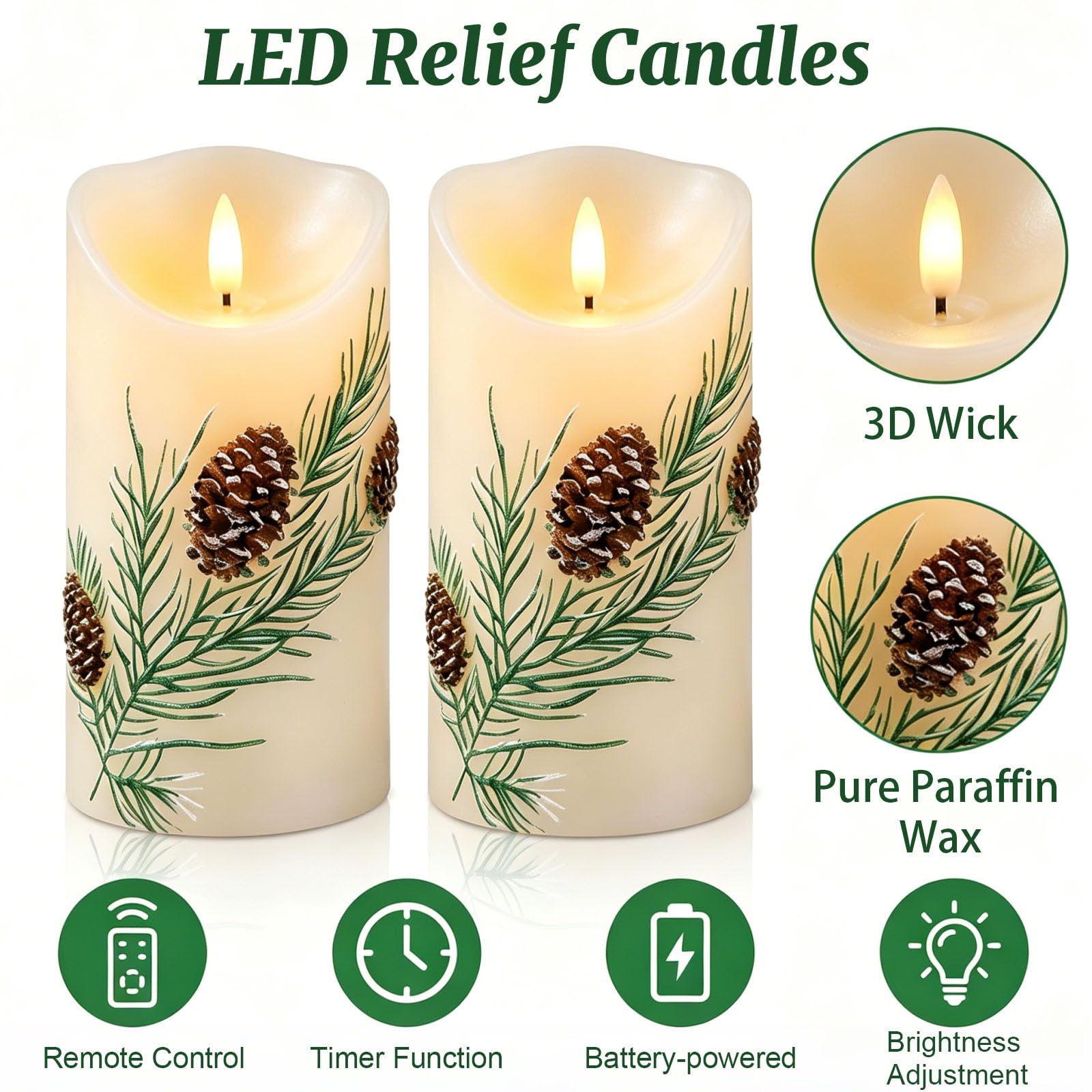Wekity Candele senza fiamma a forma di pigna, 2 candele a pilastro tremolanti a batteria con telecomando, candele elettriche con ago invernale in rilievo 3D, per decorazioni natalizie per la casa e