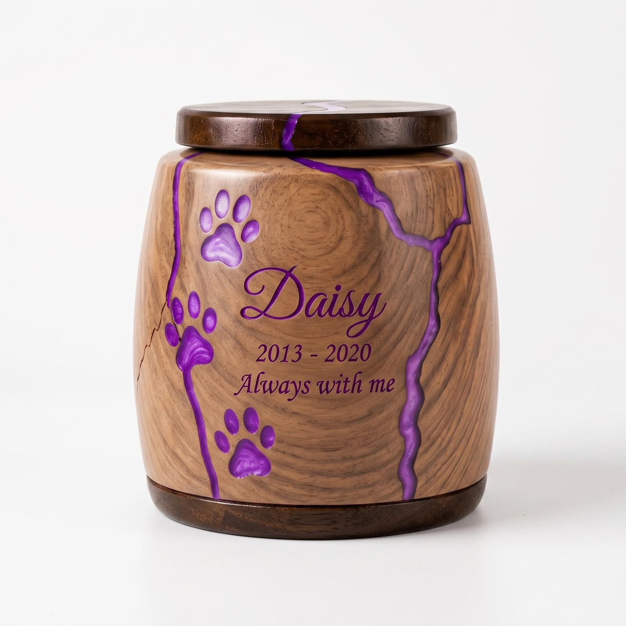 Personalized Pet Urn - Handcrafted Solid Wood Dog Urn, Memorial Keepsake Urn - Resin Inaly Engraved Urns for Ashes, Cremation Urns, Funeral Urn (Purple)