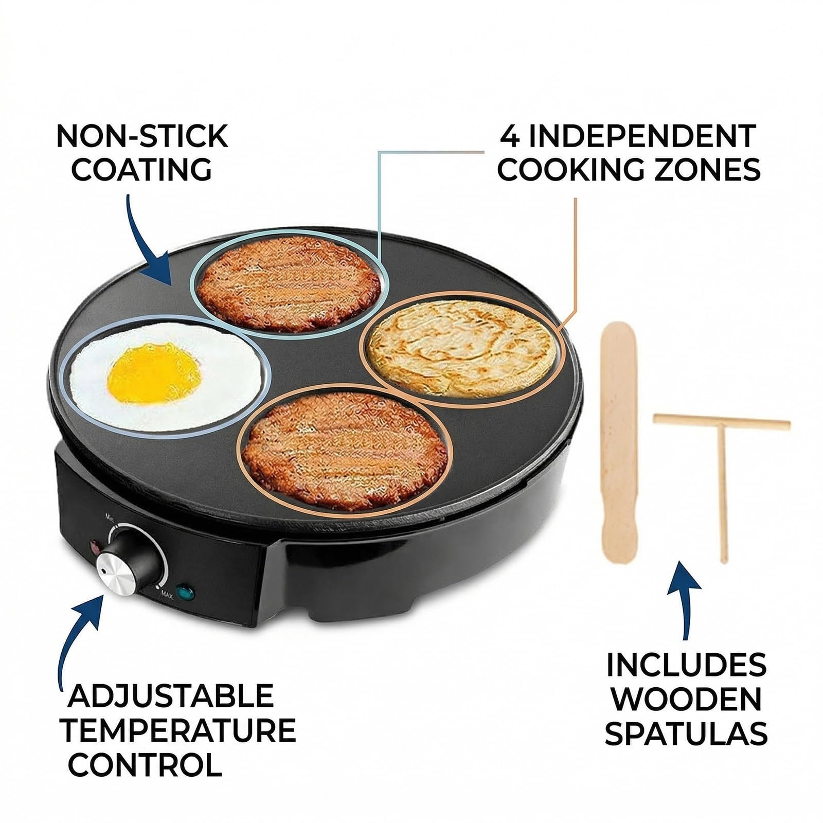 Crepera Electrica de 4 Huecos con Plancha Antiadherente Control de Temperatura 1200W Maquina de Tortitas para Pancakes Huevos Blinis Tortillas Maquina de Desayuno para Cocina Hogar