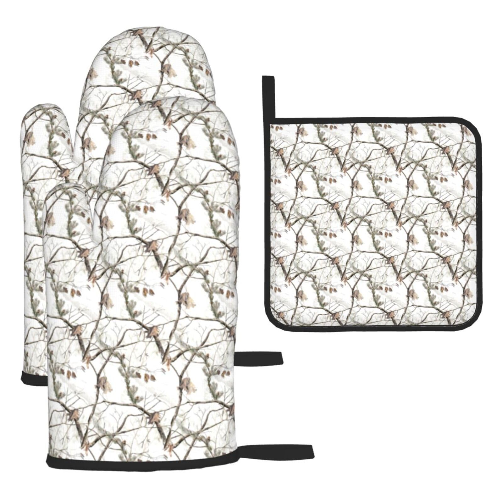 White Trees Camo Print Oven Set Kitchen Gloves Baking Grilling Microwaving Cooking Gift Everyday Holiday