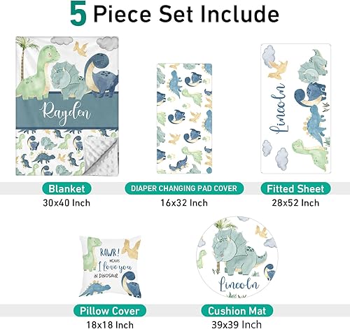 Miniatura 2 de Juego de ropa de cama personalizado para cuna juegos de cuna de bebé con temática de dinosaurios de 5 piezas para niño con nombre personalizado,