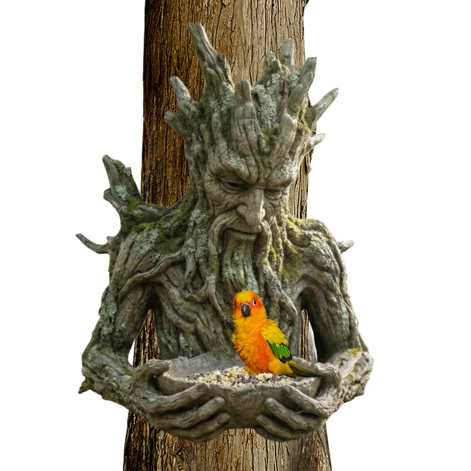 Outdoor Millennial Ancient Tree Bird Feeder Sculpture, The Quiet Offering A Tree-Integrated Bird Feeding Sculpture, Hidden Keyhole Hanger Design For Outdoor, Fences