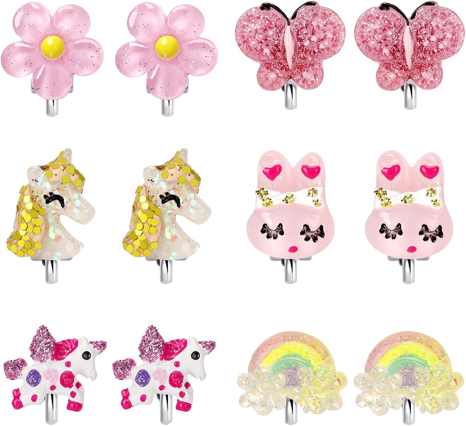 6Pairs Unicorn Flower Clip On Earrings for Little Girls, Toddler Butterfly Clip On Jewelry Rainbow Earrings Kids Dress Up Jewelry