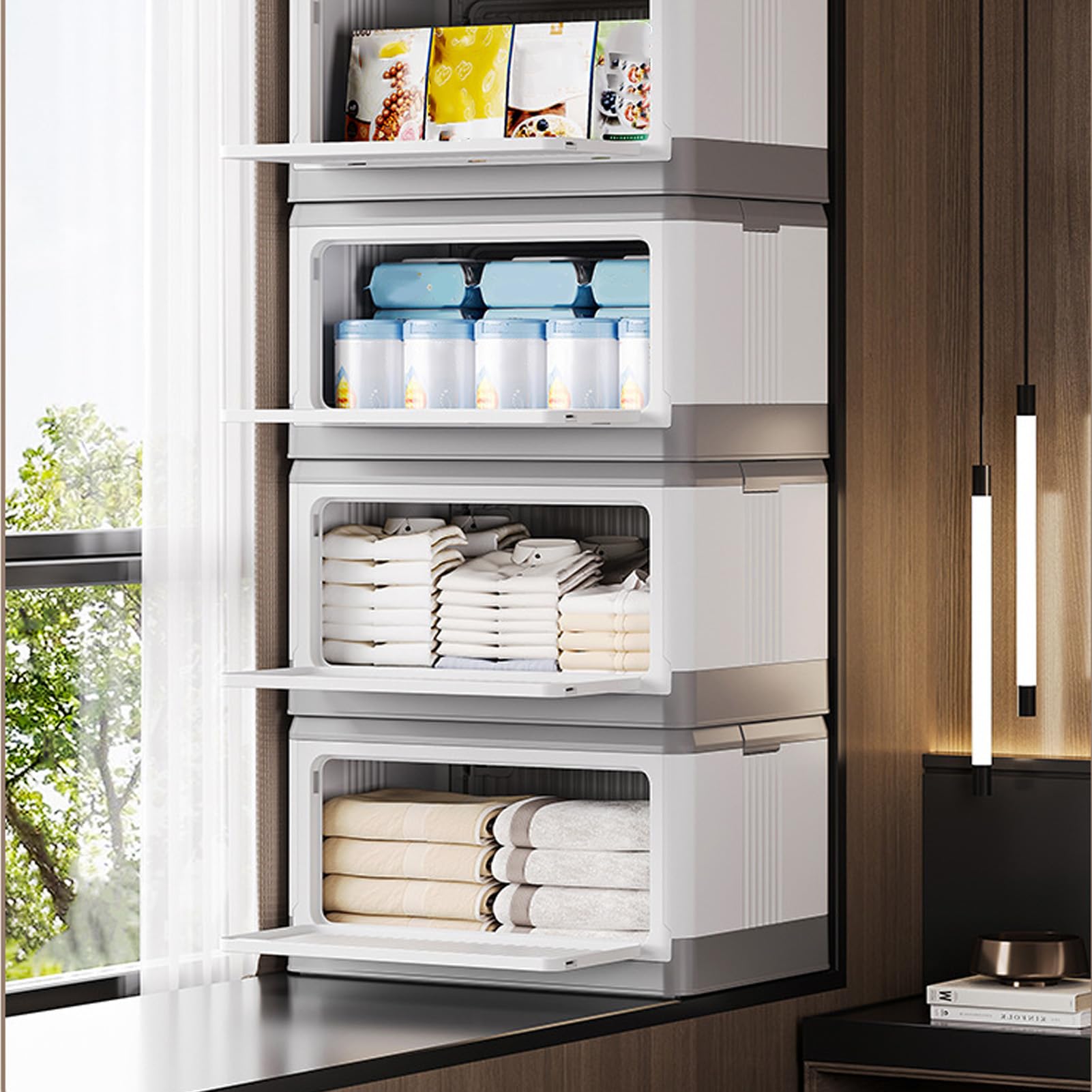 SIXRUN Contenitore Portaoggetti con Rotelle e Coperchio, PP Pieghevole Impilabile con Maniglia, Grande Capacità per Vestiti Libri Snack