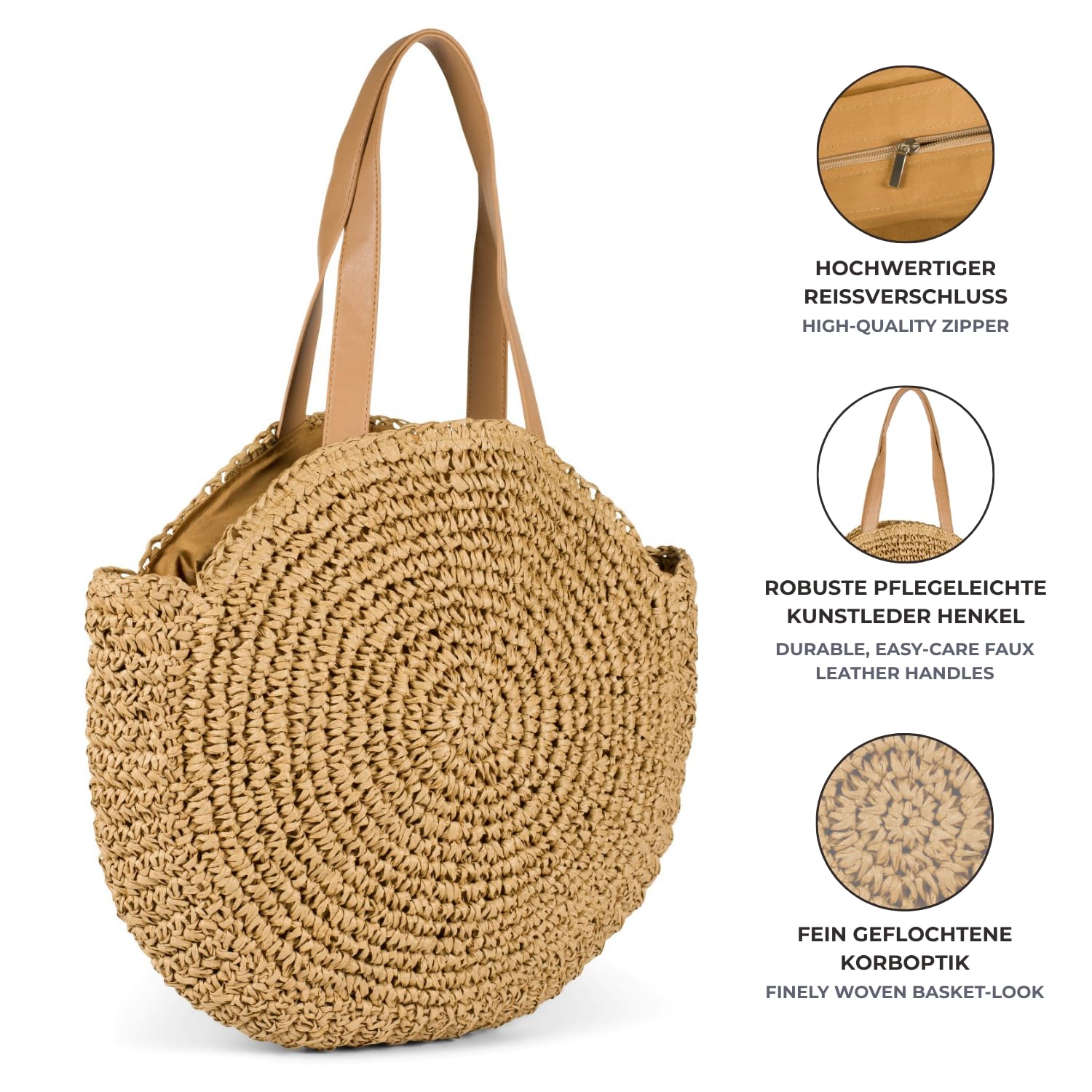 styleBREAKER Sac de plage rond en paille femme 42x46x13 cm | Grand compartiment tressé zippé 42x46x13 cm. Anses fixes en similicuir 54 cm pour un porté épaule confortable.