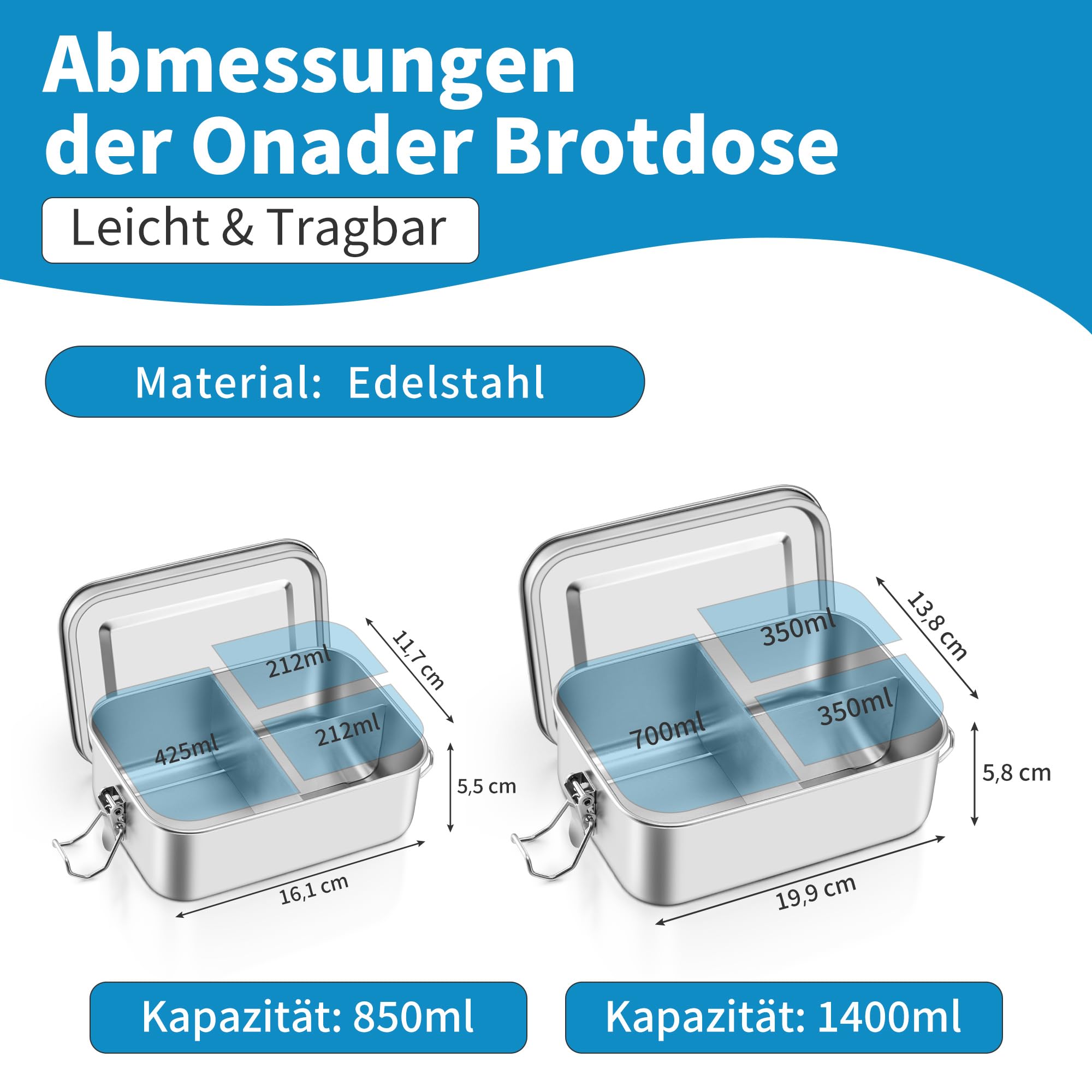 Onader Fiambrera de acero inoxidable con compartimentos, juego de 2 unidades, 850 ml y 1400 ml