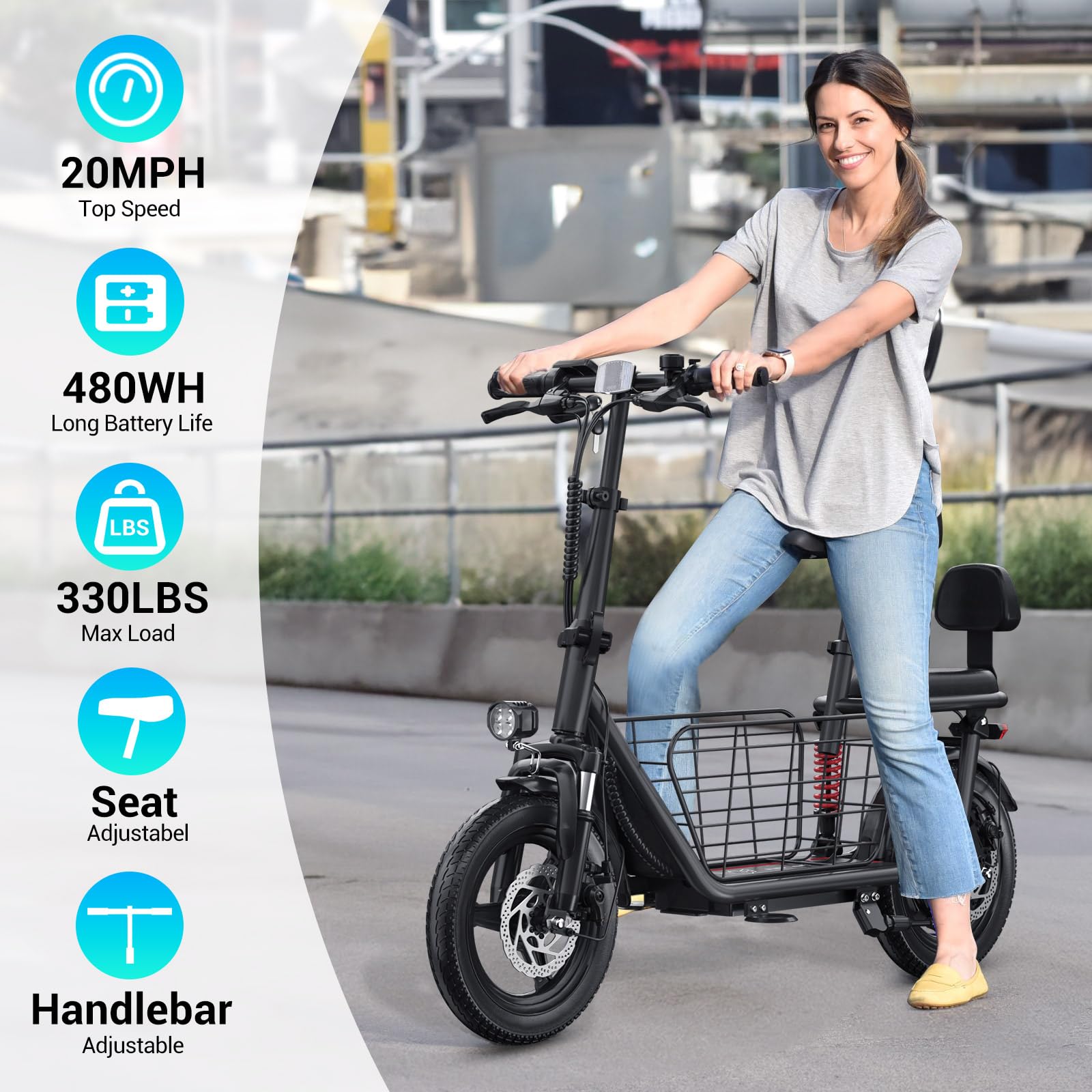 SEHOMY 2 Seater Electric Scooter for Adults 330lbs, Folding Bike Escooters with 3 Speed, 850W Peak Motor, 25 Miles Range, 22MPH, Detachable Storage Basket, 14
