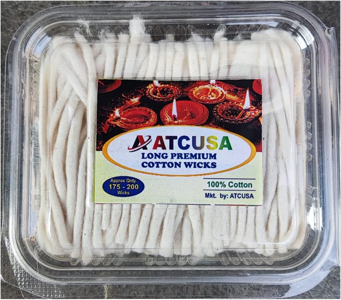 Handmade Long Cotton Wicks for Puja Pooja Jyot Batti Oil Lamp Diyas Diwali Deepawali Diya Ideal for Brass, Kuber Clay Diya Home Mandir Temple (Plain Cotton Wicks - Box Packed (170-200 Wicks Approx))