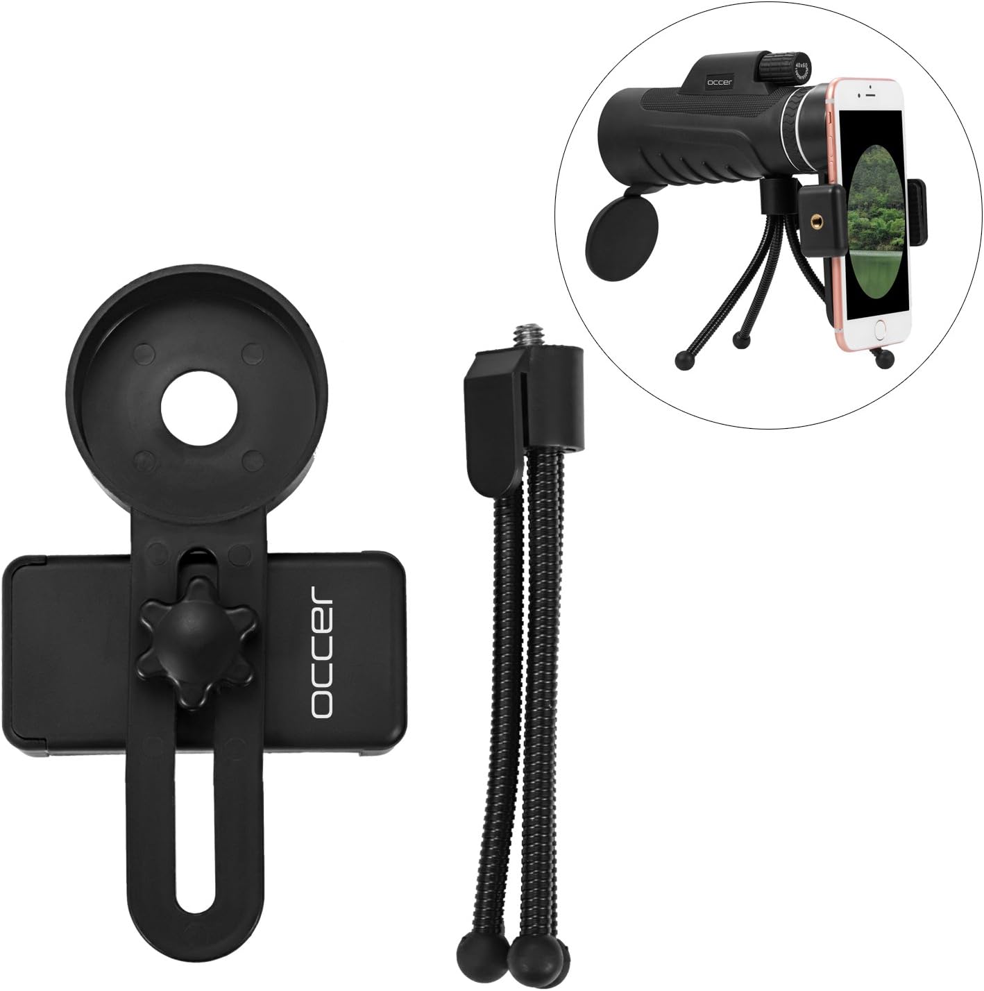 Occer Universal Telescope Monocular Smartphone Adapter Clip 45mm Diameter Lens, Spotting Scope Cellphone Mount Holder 25-45mm with Durable Tripod Mount Fit Women Men Kids for Image Capture