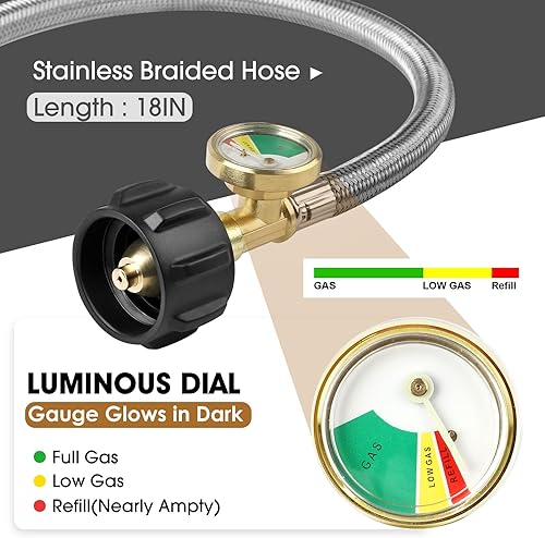 Miniatura 4 de Regulador de gas propano LP de cambio automático de 2 etapas con 2 paquetes de mangueras de propano RV Pigtail de 18 pulgadas con manómetro + 1