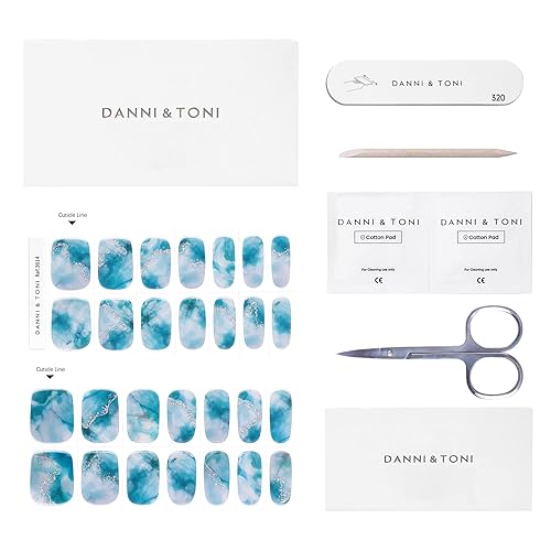 Miniatura 5 de DANNI & TONI Tiras de uñas de gel semicuradas azules (Marble Canyon) Tie Dye Gel Nail Stickers Silver Glitter Nail Wraps 28 calcomanías