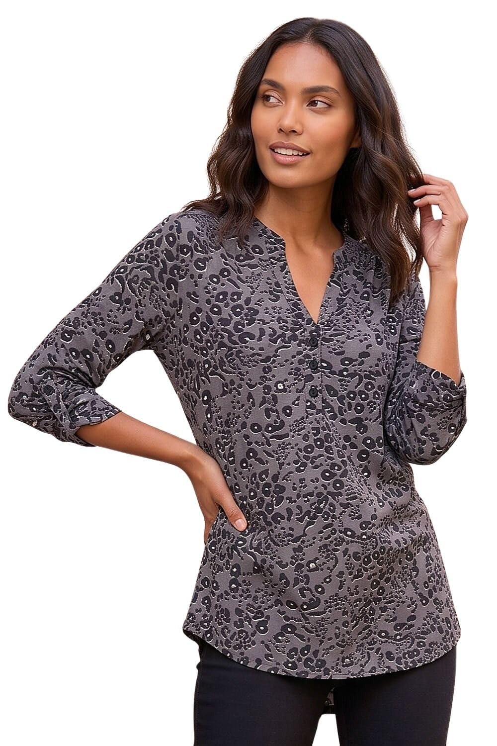 Roman Women's Grey Animal Print Stretch Blouse In | : Size 16