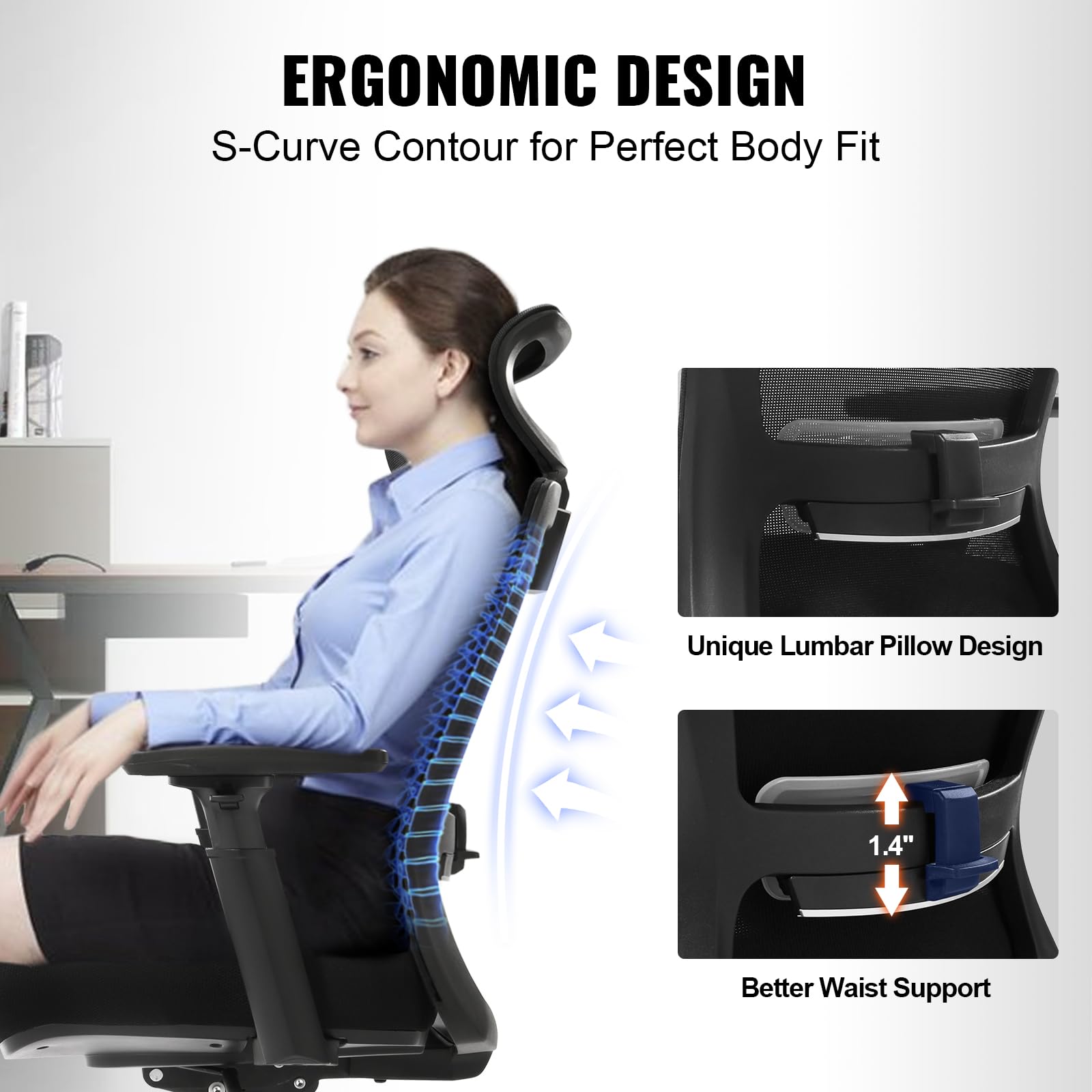 VEVOR Chaise de Bureau Ergonomique avec Support Lombaire Appui-Tête Accoudoirs Réglables Fauteuil de Bureau Inclinable Large Siège Coulissant Confortable avec Roulettes Pivotantes pour Bureau Domicile
