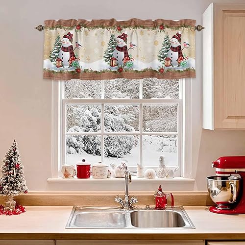 Miniatura 2 de Cenefa de cortina de Navidad de 54 x 18 pulgadas, cenefas de muñeco de nieve para ventana, cortinas con bolsillo para barra, cortina corta de encaje