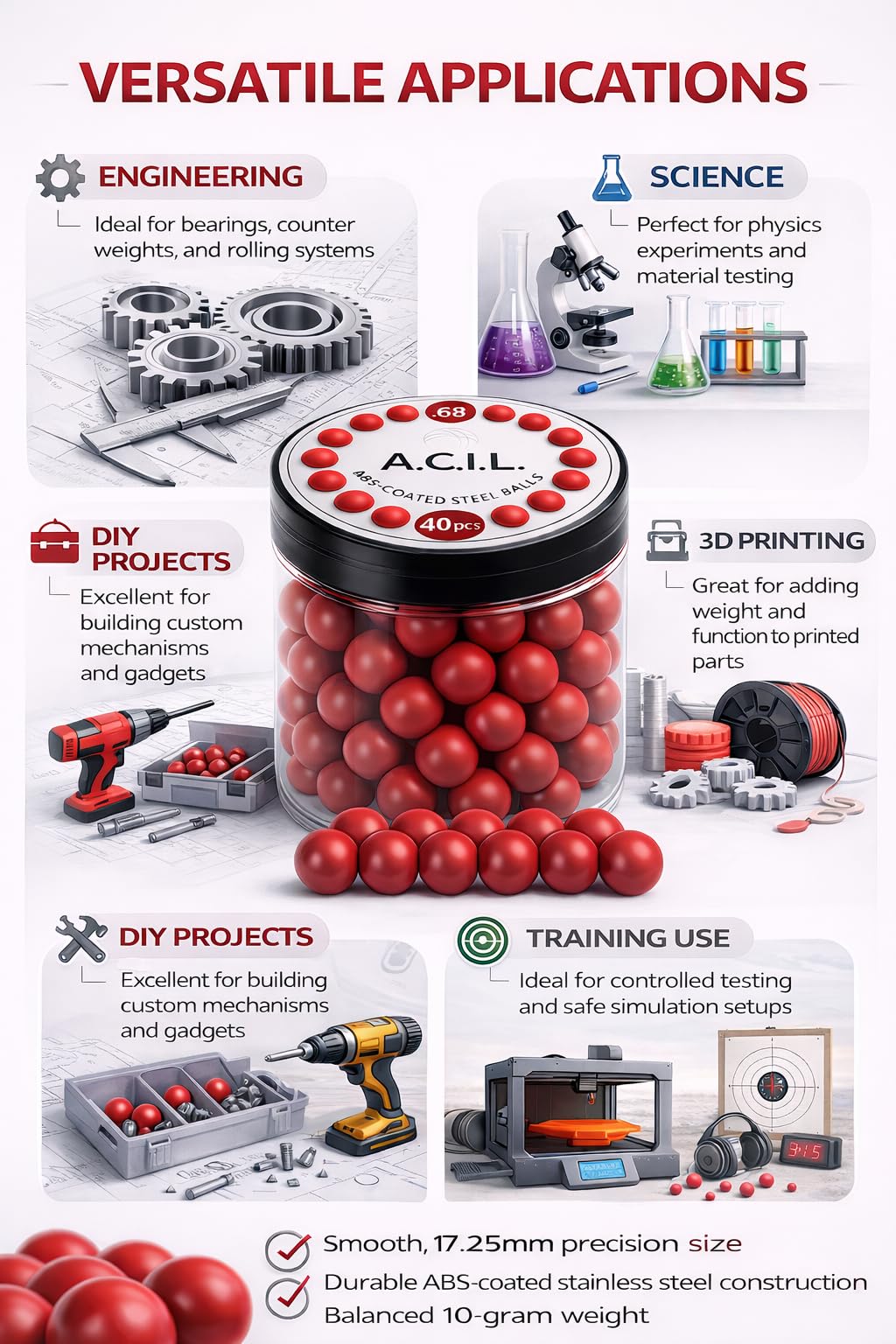 A.C.I.L. Lot de 40 billes en acier avec revêtement ABS 17,25 mm Rouge 10 g
