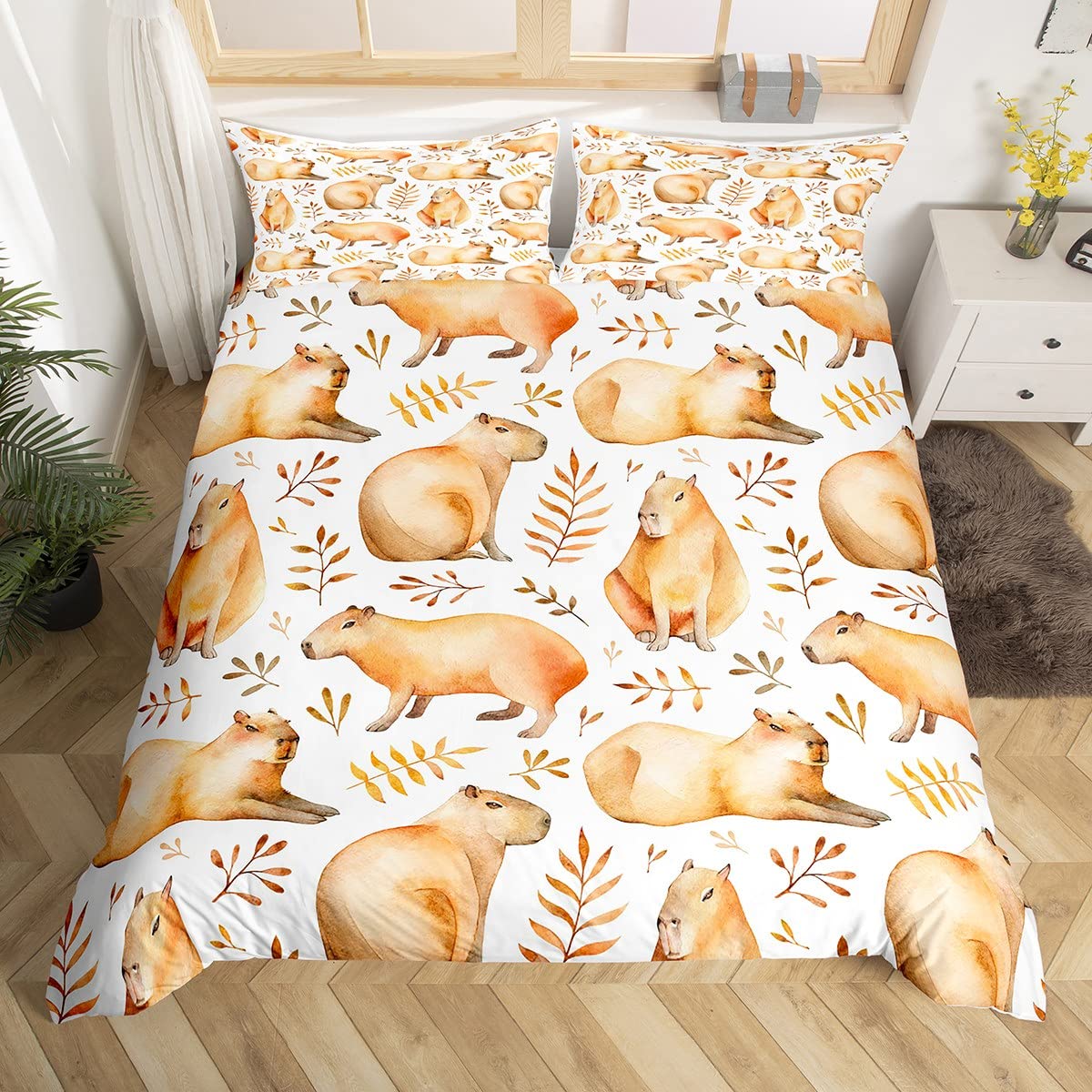 Capybaras Duvet Cover Super King,Cute Capybara Comforter Cover for Kids Teens Adults,Funny Animals Bedding Set Capybara Lovers Home Decor,Watercolor Botanical Leaves Quilt Cover with 2 Pillowcases โ image 1
