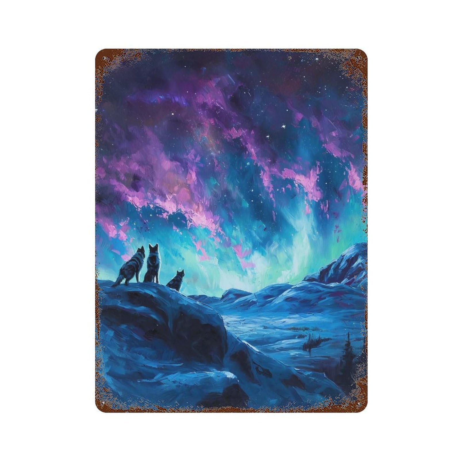 Wolves Under Aurora Borealis Painting Vintage Rust Metal Sign 15.7"x11.8", Classic Wall Plaque for Basement, Hobby Room And Garage Decor