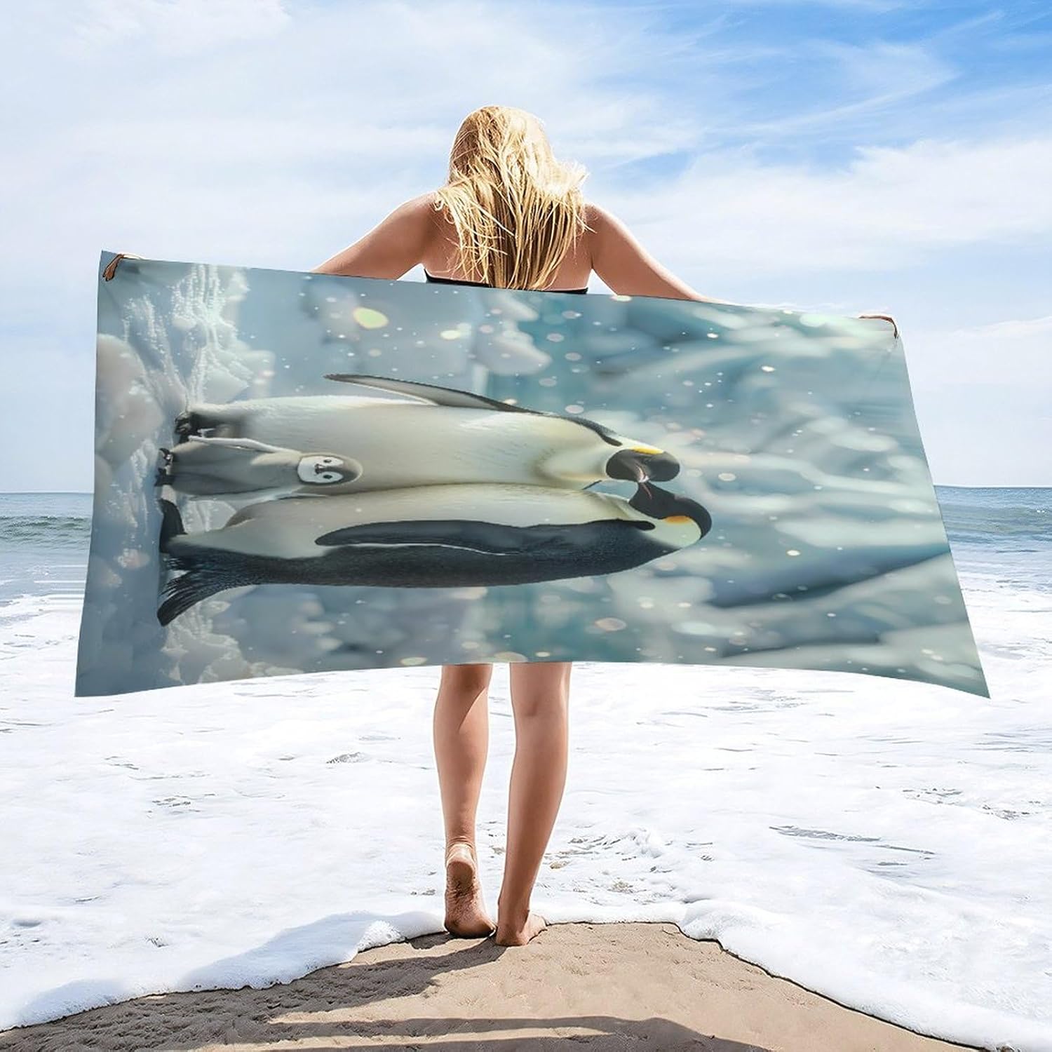 Penguin Family Bath Towel Beach Towels Quick Dry Oversized Bath Blanket Highly Absorbent Towel for Women Men 160x80cm