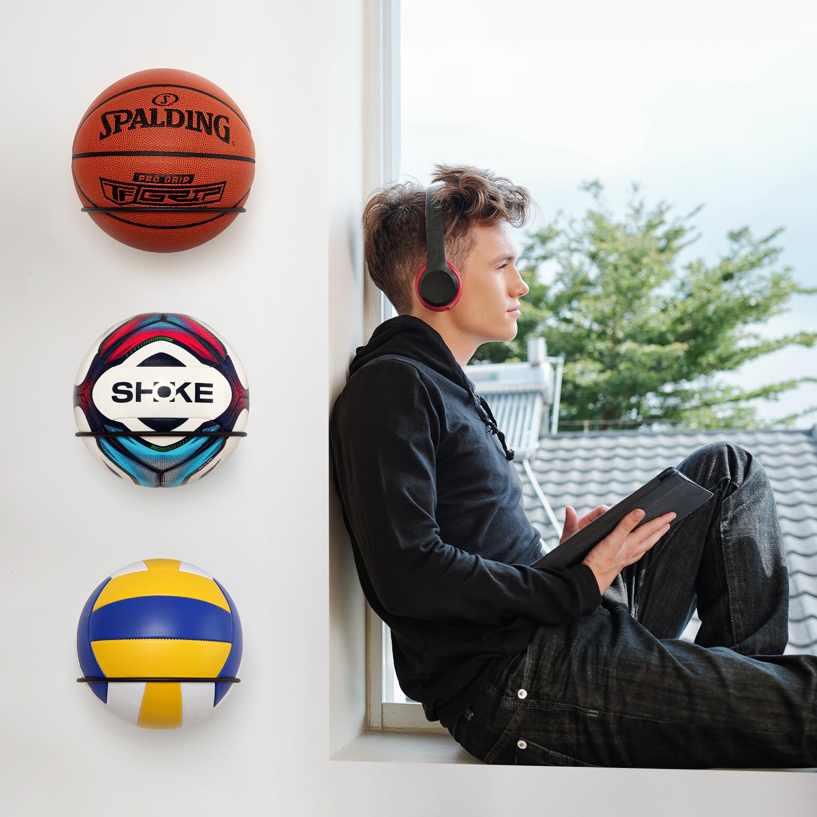 PUERSI Lot de 2 Support Mural Ballon Basket-ball Métal Noir, Porte Ballon pour Football Volley-ball